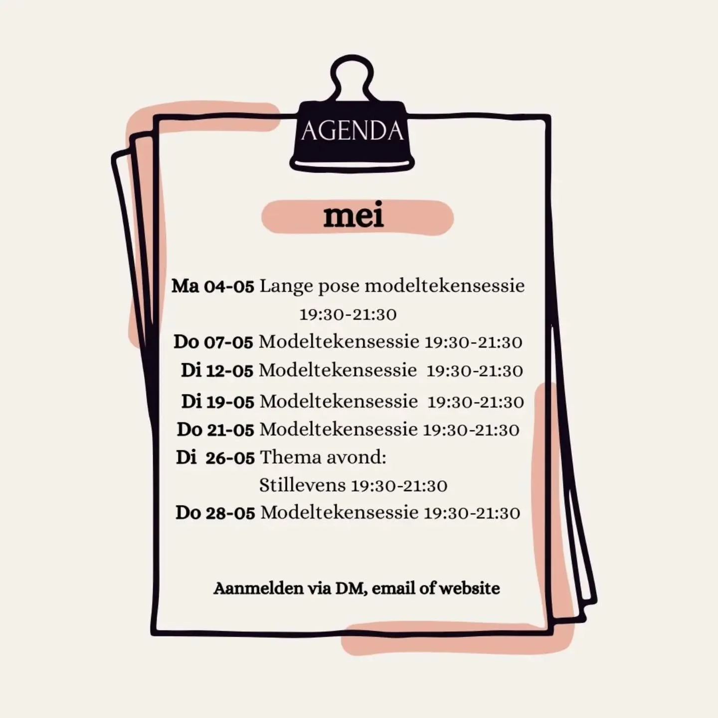 Onze agenda voor de maand MEI! 
Zoals je misschien kunt zien hebben we een kleine try-out. We gaan deze maand geen sessie op zondag organiseren maar op dinsdagen en donderdagen. Daarnaast hebben we een paar sessies die uit vallen ivm onze vakantie! 
