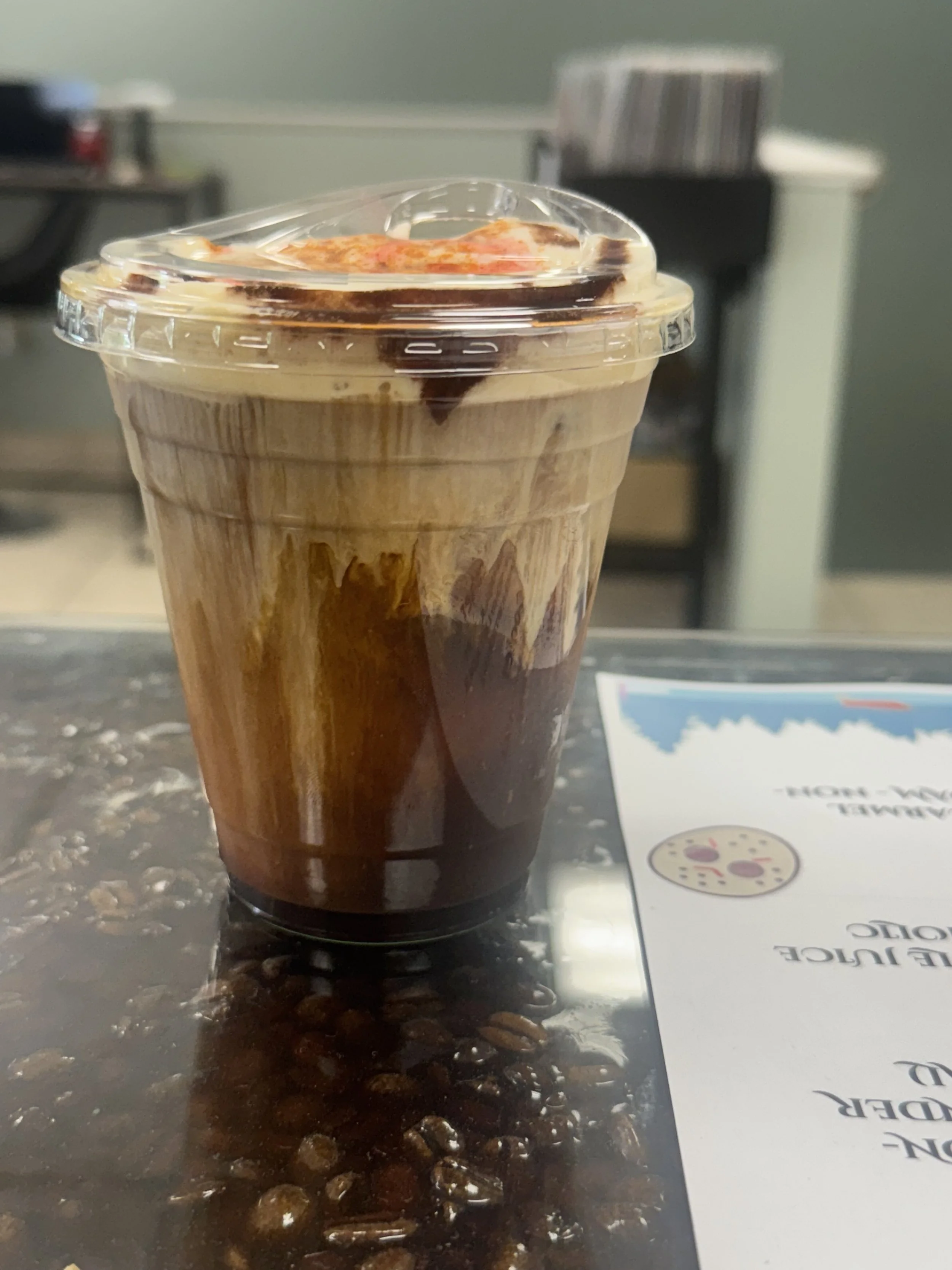 Jason Jolt -Columbian Brew  - Espresso - Carmel Syrup- Dark chocolate- Cayenne - Vanilla Cold Foam - Non-alcoholic Grenade 