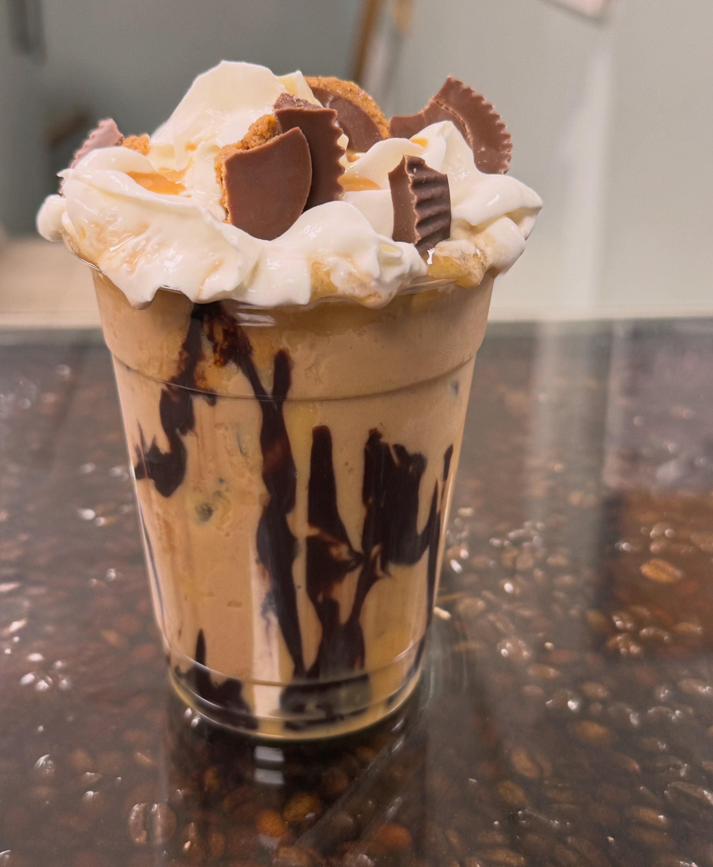 Dessert in a cup! Peanut butter coffee topped with peanut butter cups. 