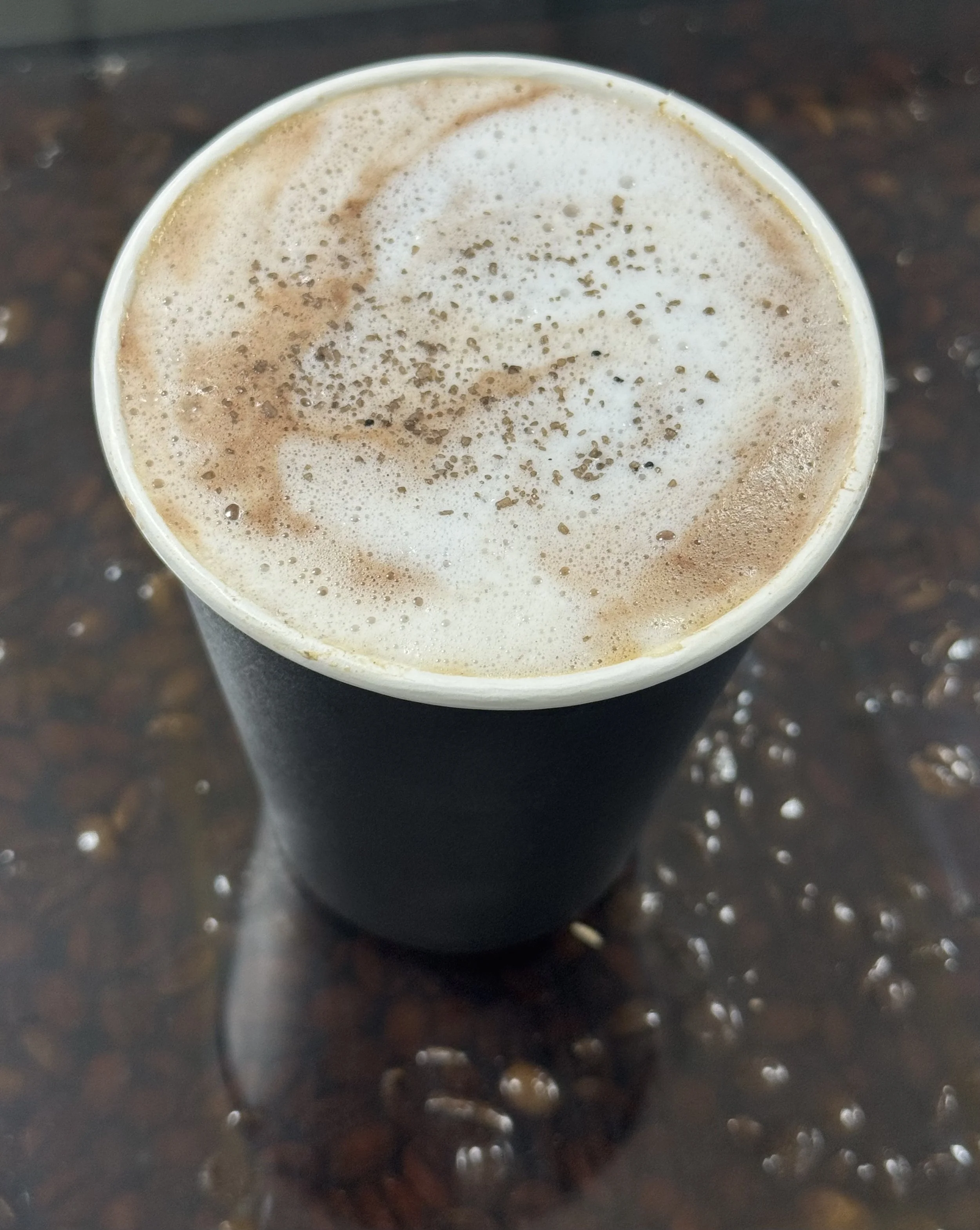 Hot latte with smoked sea salt and dark chocolate 