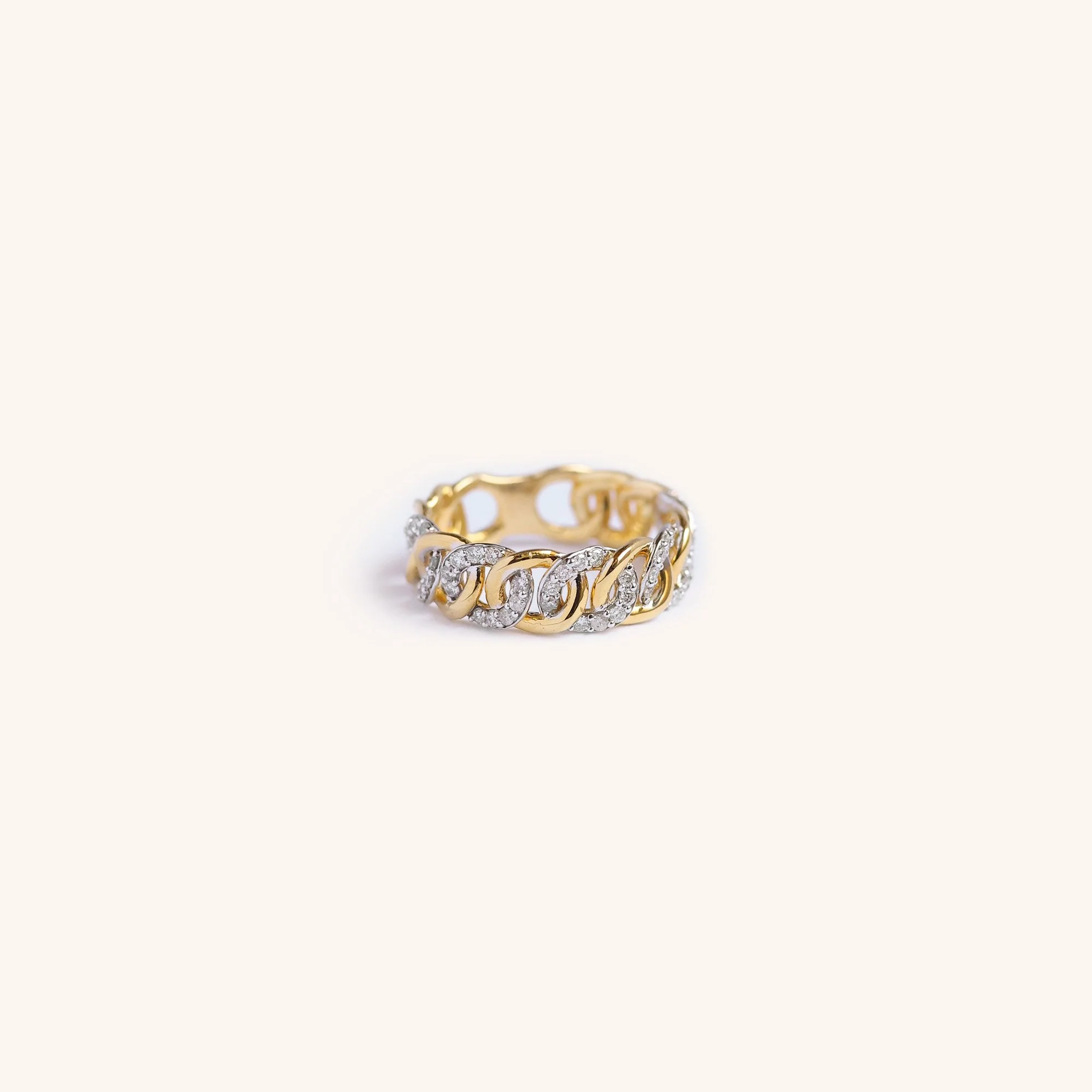 Two-tone 14K gold diamond link ring, handmade heirloom by Zikr Fine Jewelry.