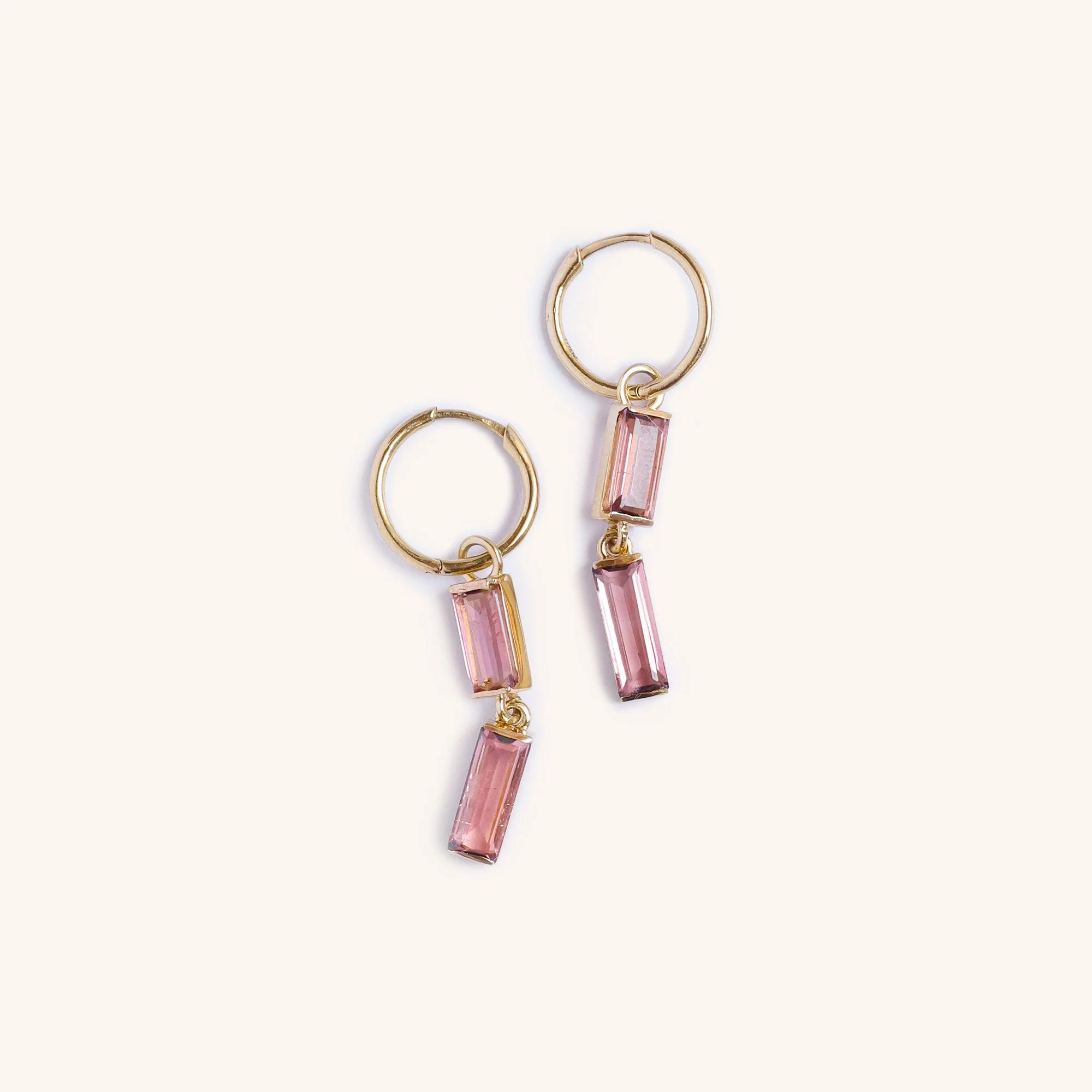14K gold drop earrings featuring two pink tourmaline gemstones, handcrafted romantic fine jewelry by Zikr Fine Jewelry