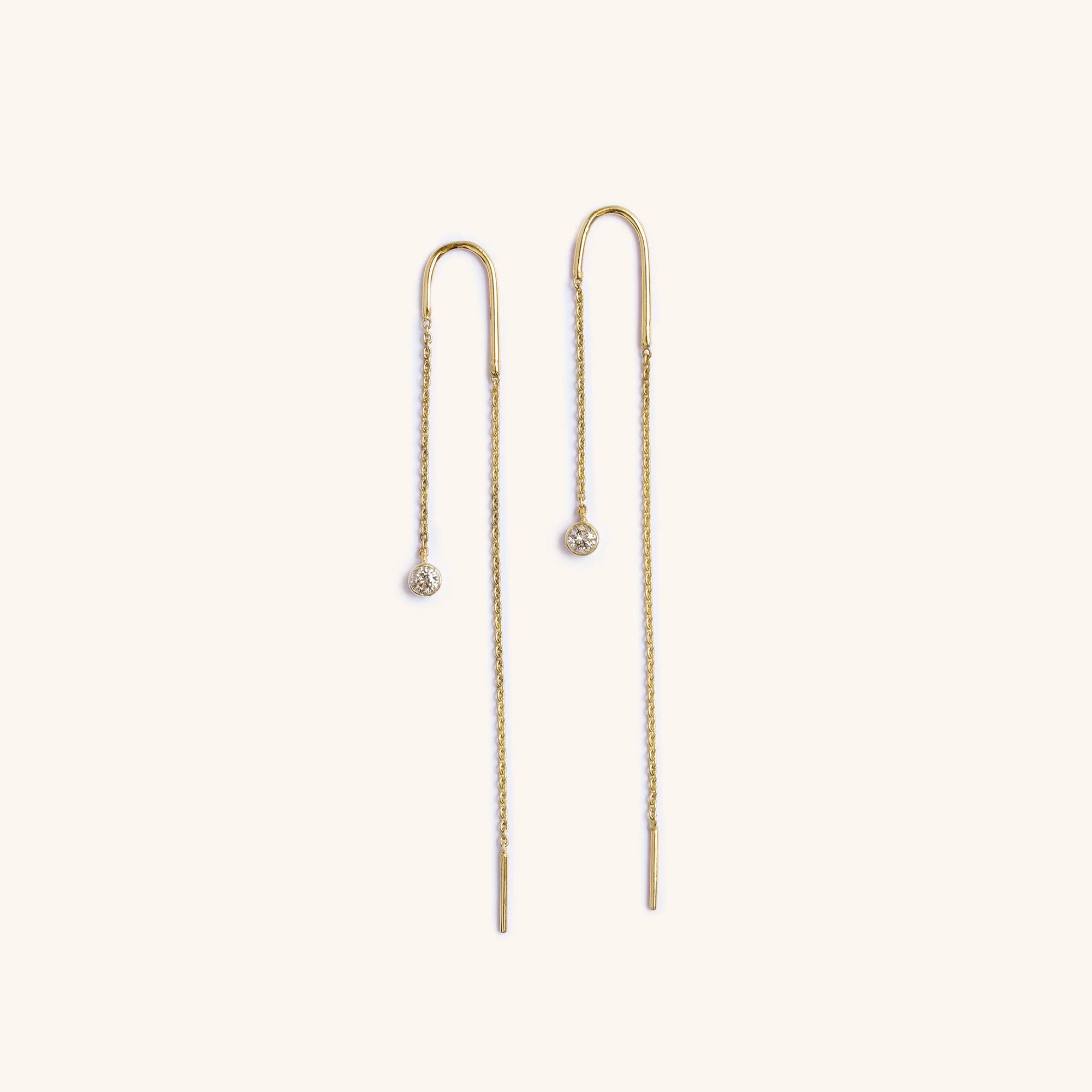 14K Solid gold bezel diamond threader earrings featuring hand-cut diamonds on fine gold chains by Zikr Fine Jewelry.