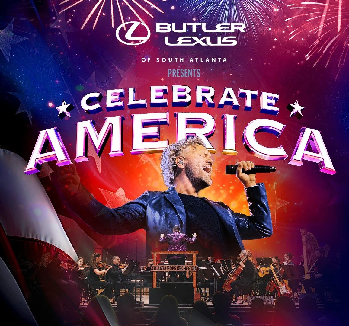 A promotional poster for an event called Celebrate America, presented by Butler Lexus of South Atlanta, featuring a singer holding a microphone with a live orchestra on stage below him, fireworks in the background.