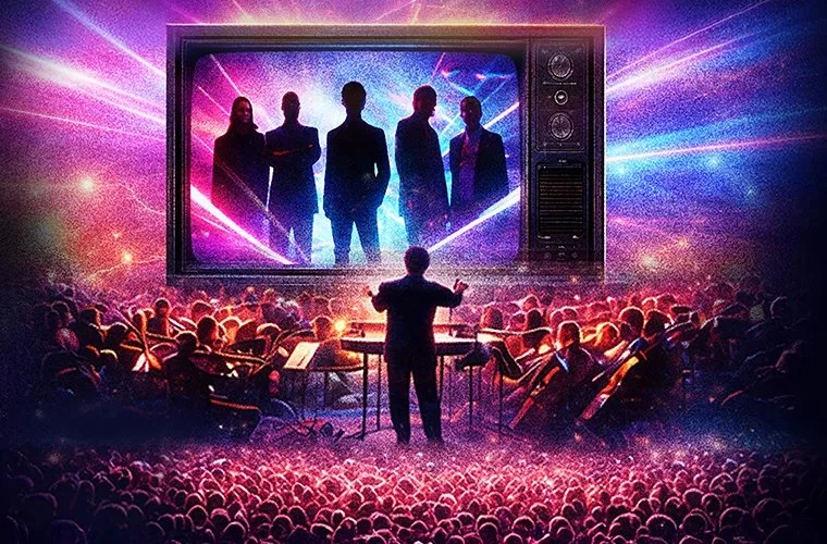 An orchestra conducts in front of a large crowd watching a giant screen displaying silhouettes of five people with neon lights in the background, resembling a concert or film event.