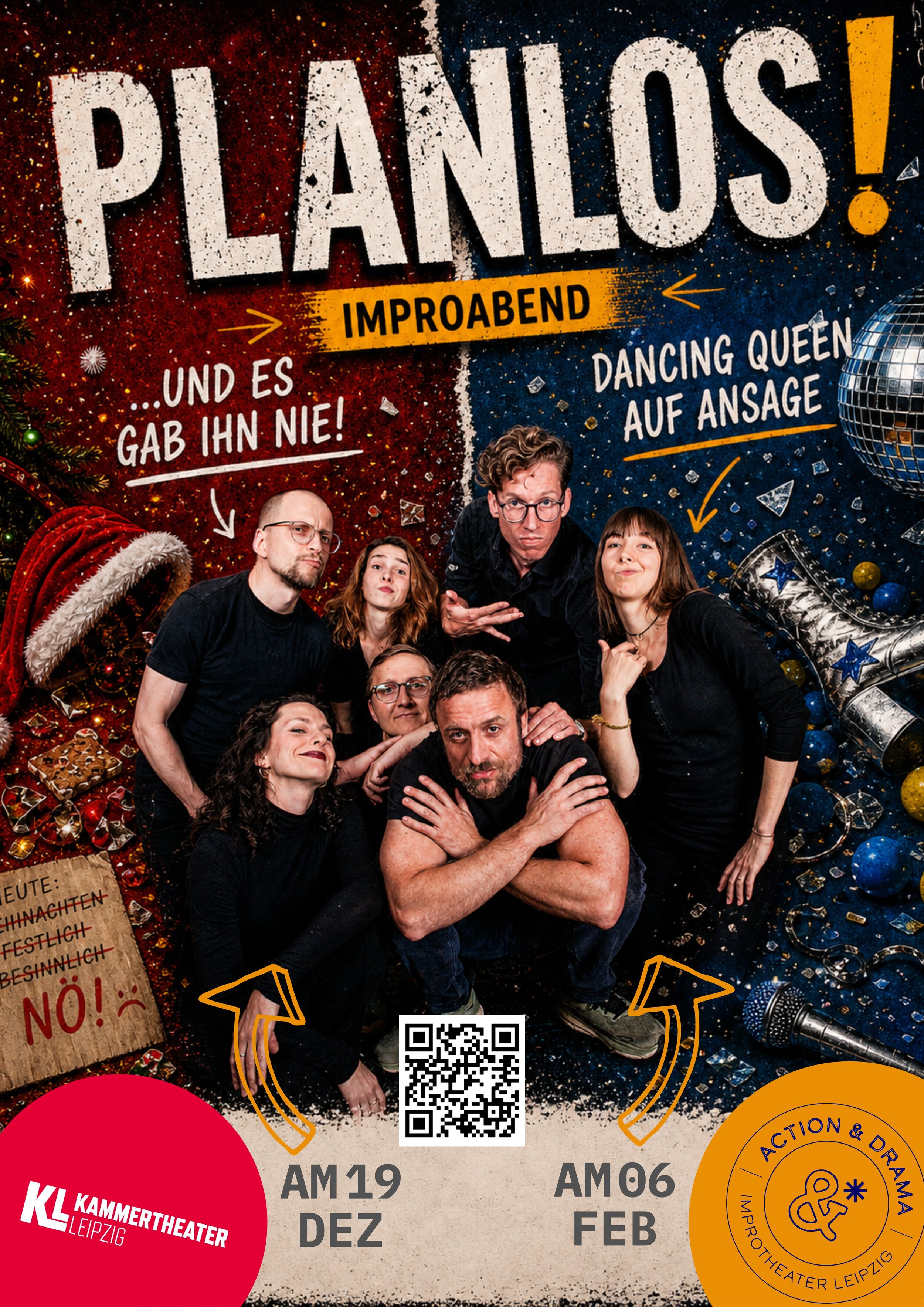 eine Gruppe vor buntem Hintergrund. Weihnachtsmannmütze und ABBA Stiefel