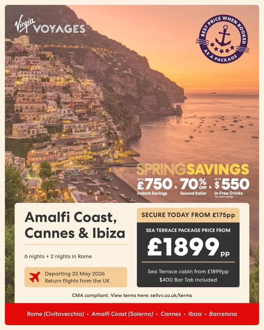 🌊✨ VIRGIN VOYAGES &ndash; SPRING SAILINGS NOW ON SALE ✨🚢

If you&rsquo;ve been thinking about a Mediterranean escape&hellip; this is your sign 👀

We&rsquo;re talking iconic coastlines, beach clubs, city breaks AND luxury at sea &mdash; all wrapped