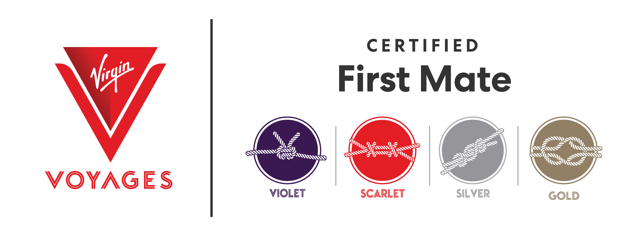 Virgin Voyages logo with First Mate certification level icons for Violet, Scarlet, Silver, and Gold ranks, depicted as knots with colored backgrounds.