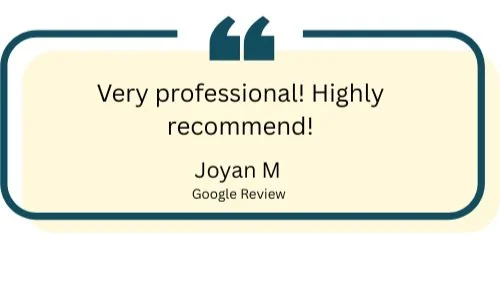 Review showing text that says, "Very professional! Highly recommend!" by Jayan M from Google Review.