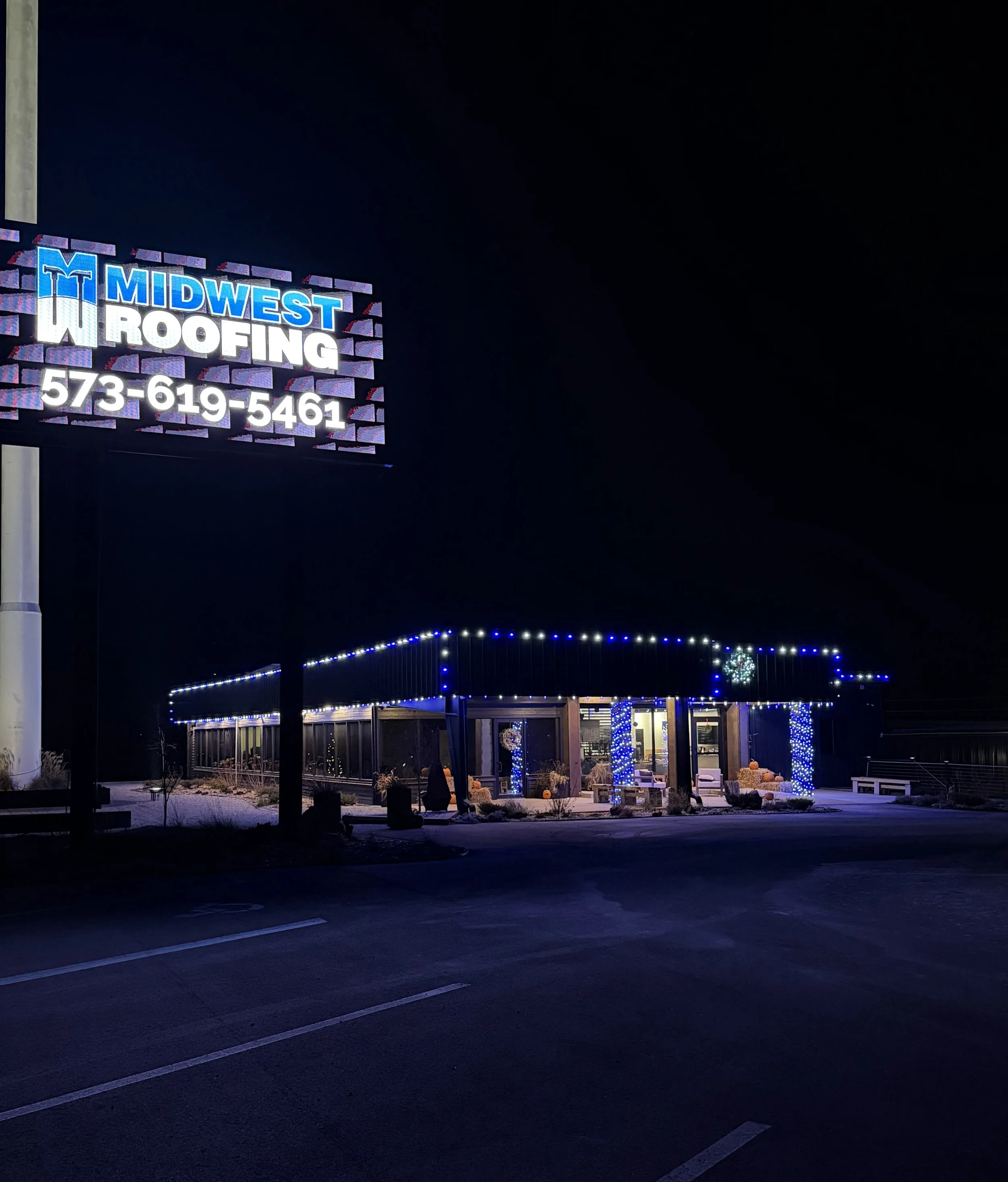 Christmas lighting display on a commercial building