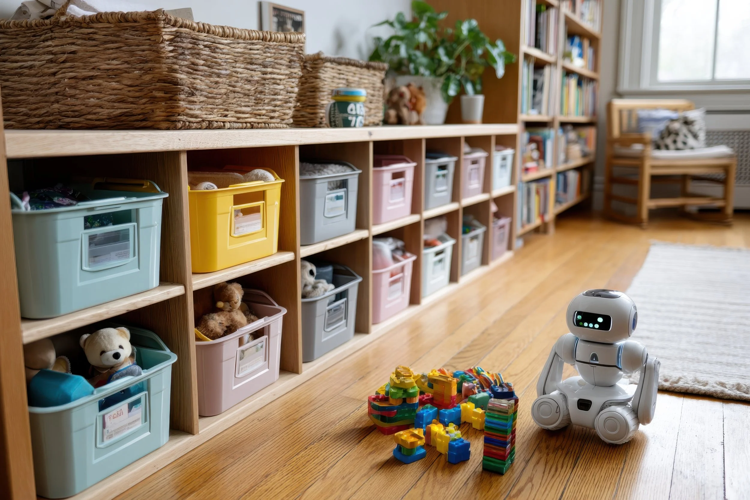 A small robot toy sitting on a wooden floor next to colorful building blocks, in a room with a bookshelf, toy storage bins, a chair, and a window.