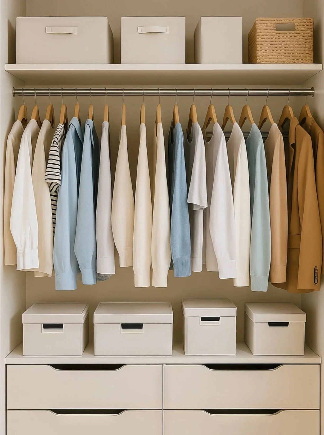 Open closet with hanging clothes in pastel and neutral tones, white storage boxes on top and at the bottom, and a beige woven basket on the right side.