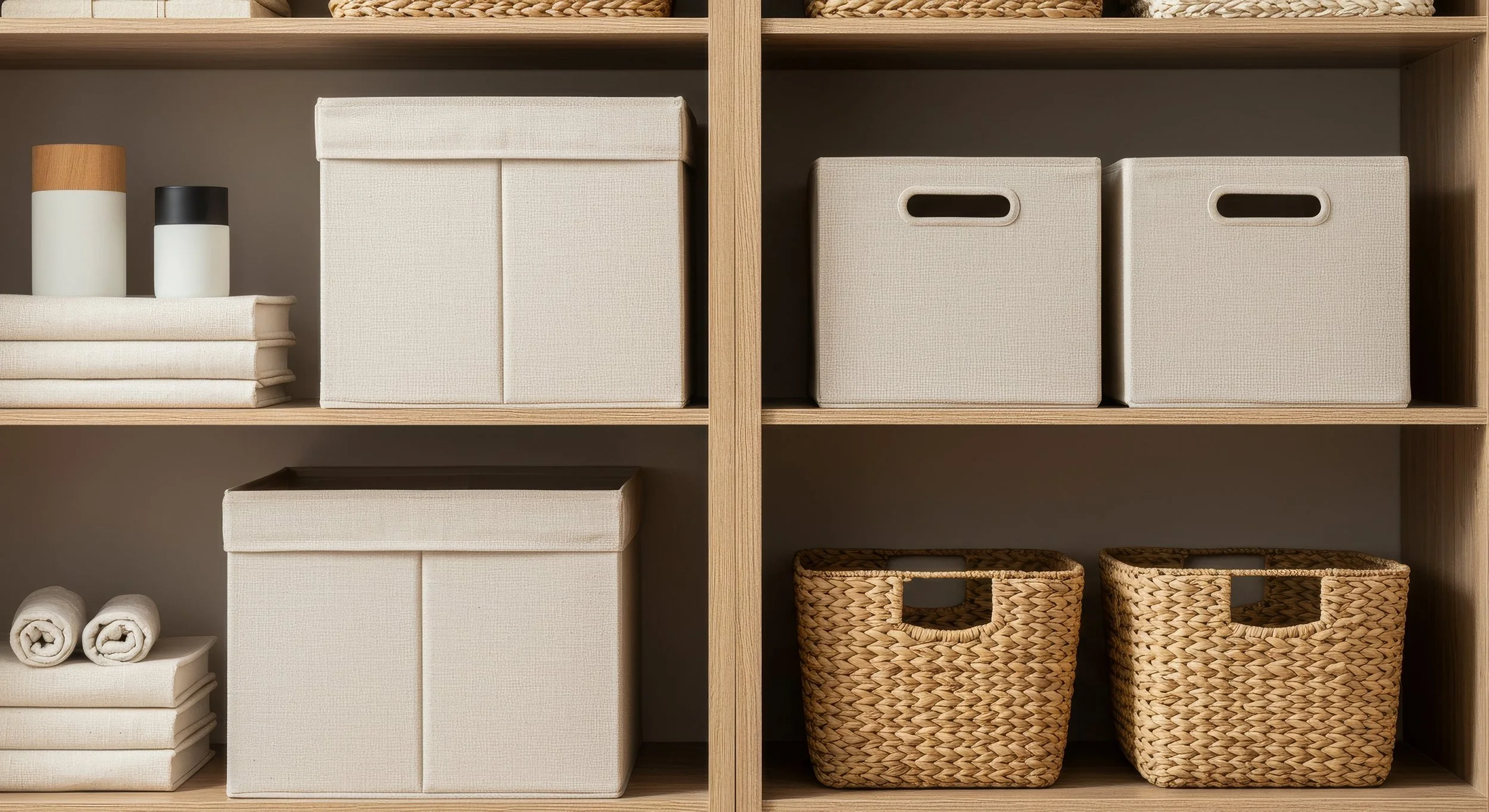 A wooden shelving unit with various storage boxes, baskets, and folded towels.
