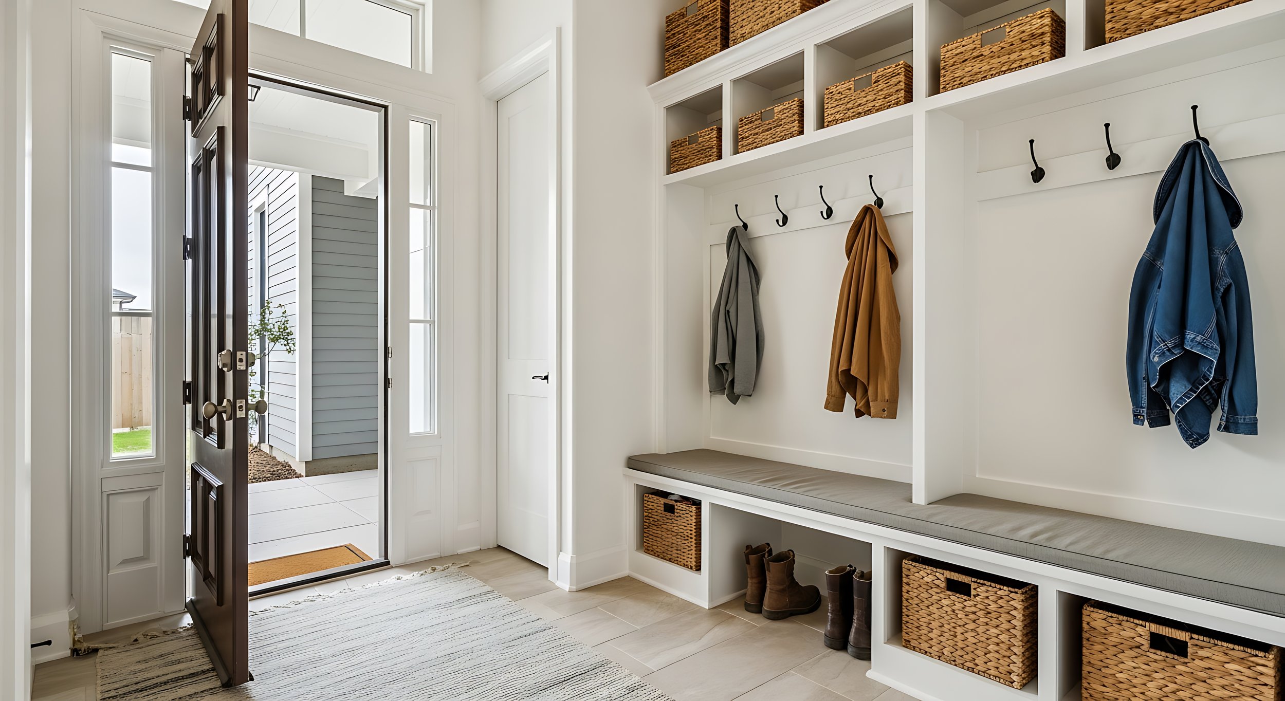 Entryway with open front door, built-in white storage bench with baskets, hooks with jackets, and a rug on tiled floor.