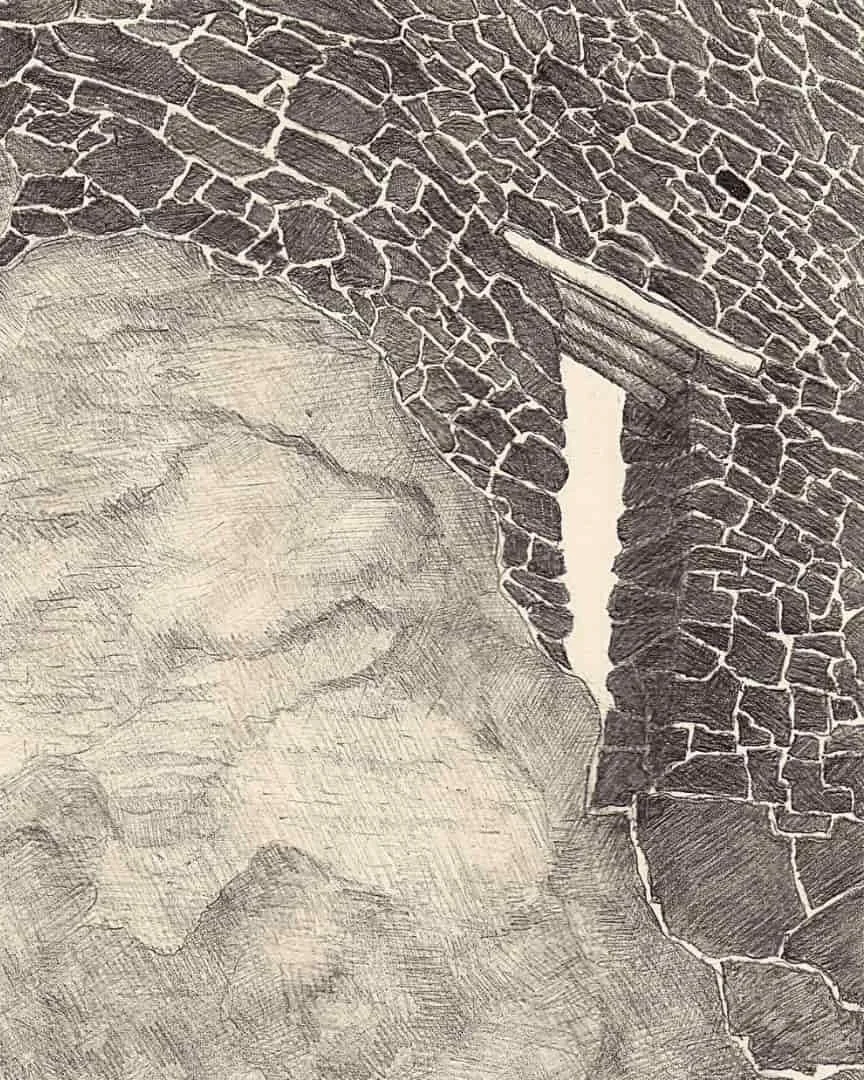 A drawing of rock and wall, with a textured background resembling cracked stone or dried earth in darker shades on the right.