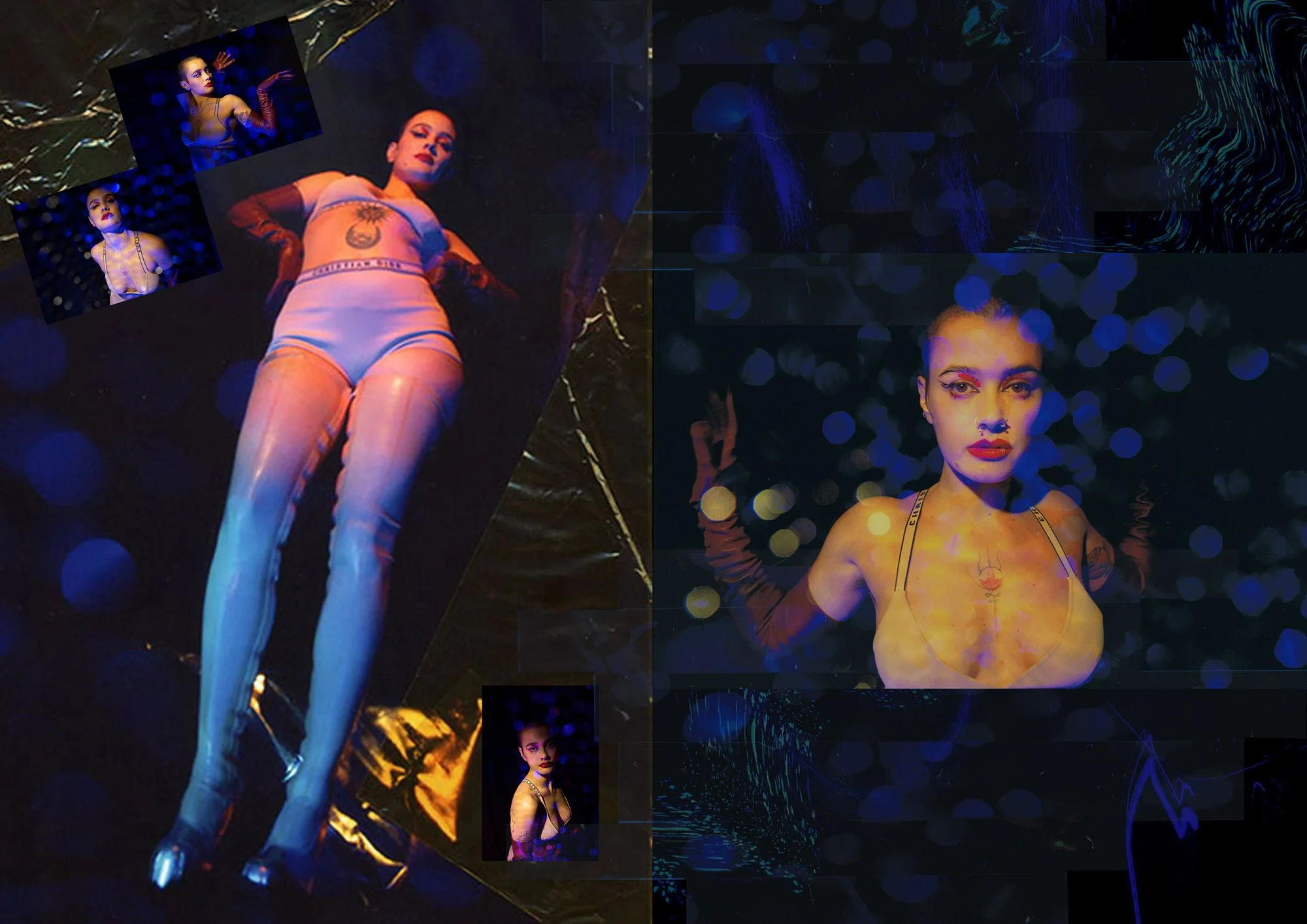experimental studio composition featuring reclining figure under blue club lighting with layered portrait inserts inspired by nightlife culture