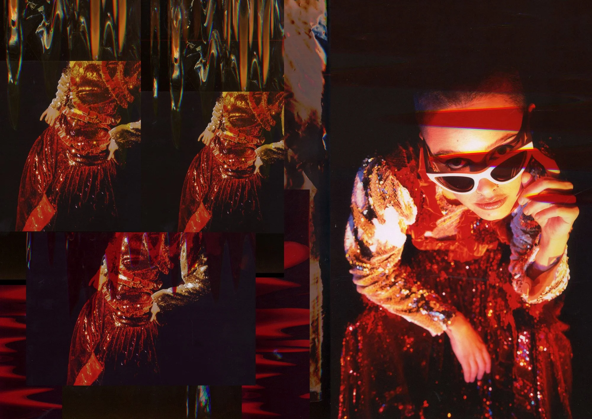 mirrored red-lit figures layered with central studio portrait in experimental fashion collage inspired by club performance culture