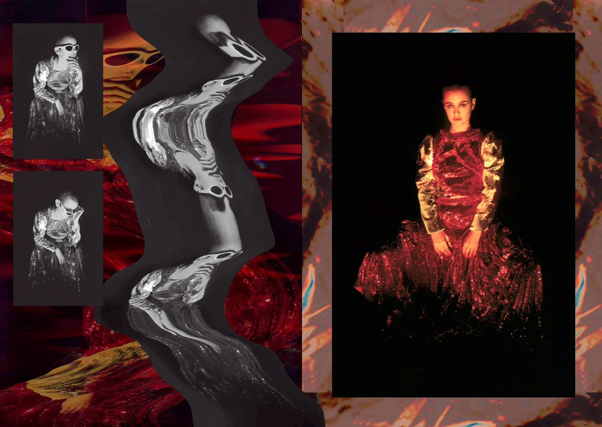 photographic collage combining scan-manipulated distortion with red-lit studio portrait referencing rave and club culture