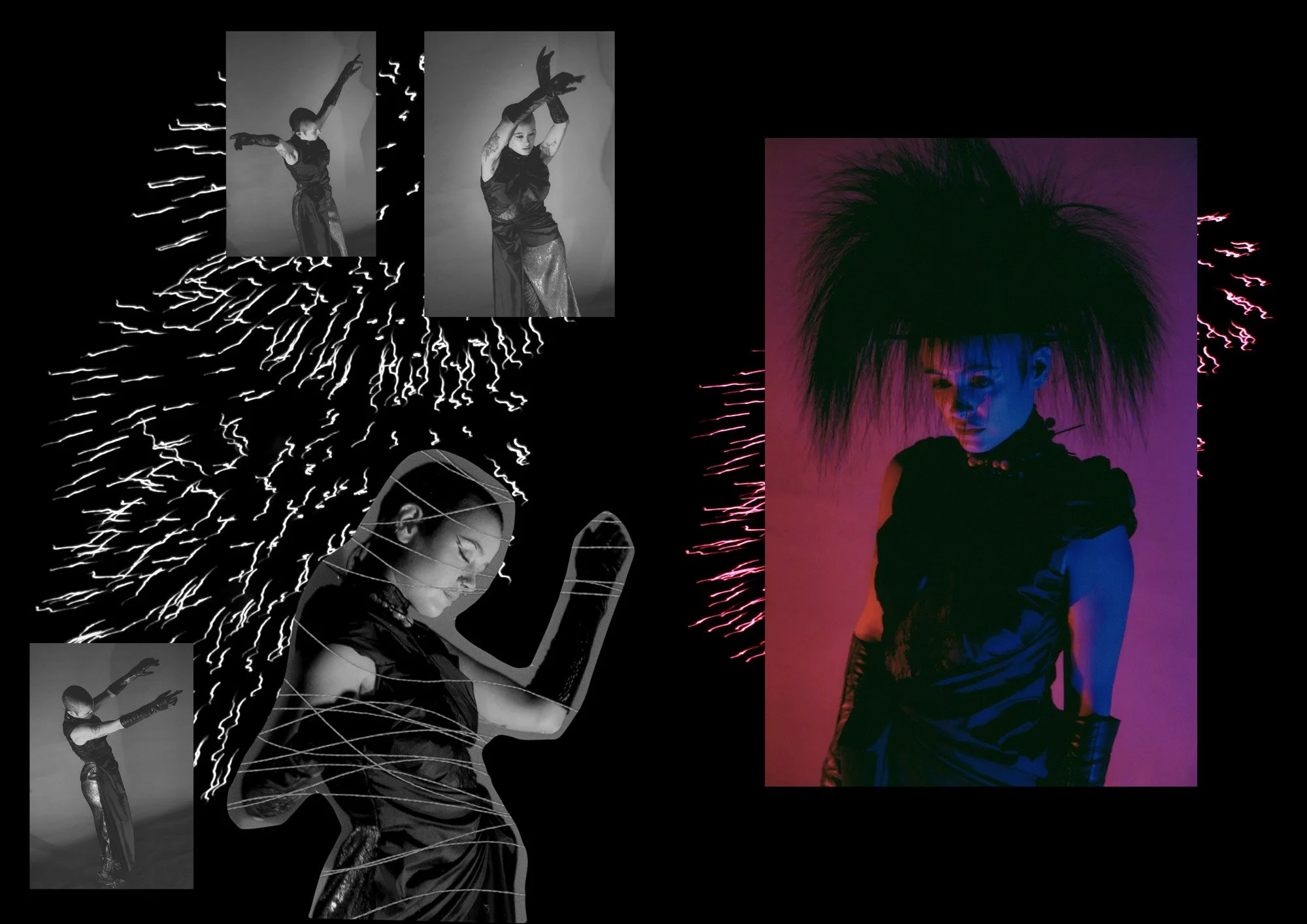 layered photographic collage with fragmented rave portraits, glitch textures and neon pink and green lighting effects