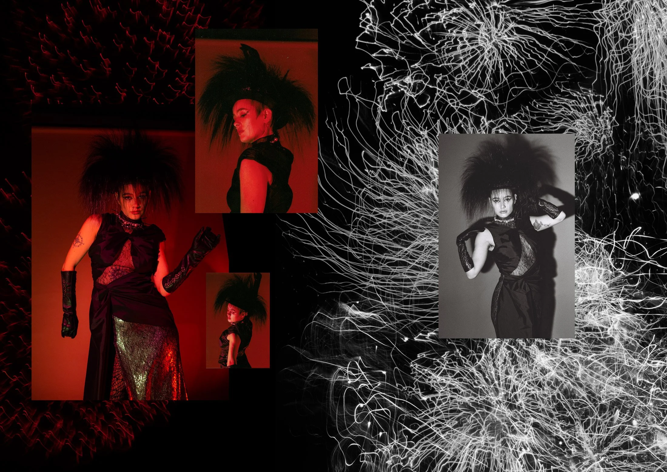 split photographic collage combining red-lit studio portrait with black and white scan distortion inspired by underground rave culture