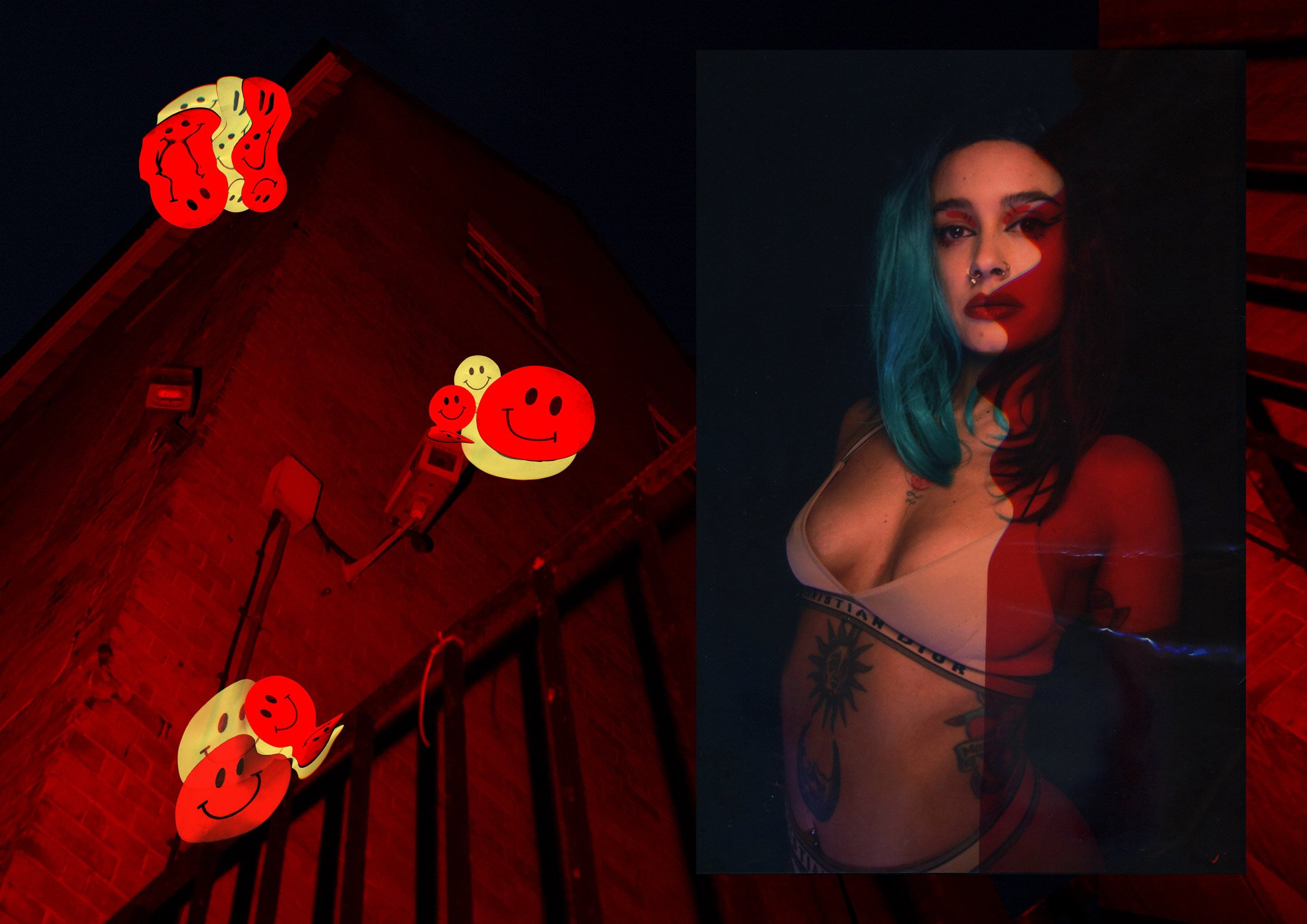 constructed nightclub scene with red stair lighting and dramatic portrait under coloured stage lights recreating underground rave atmosphere