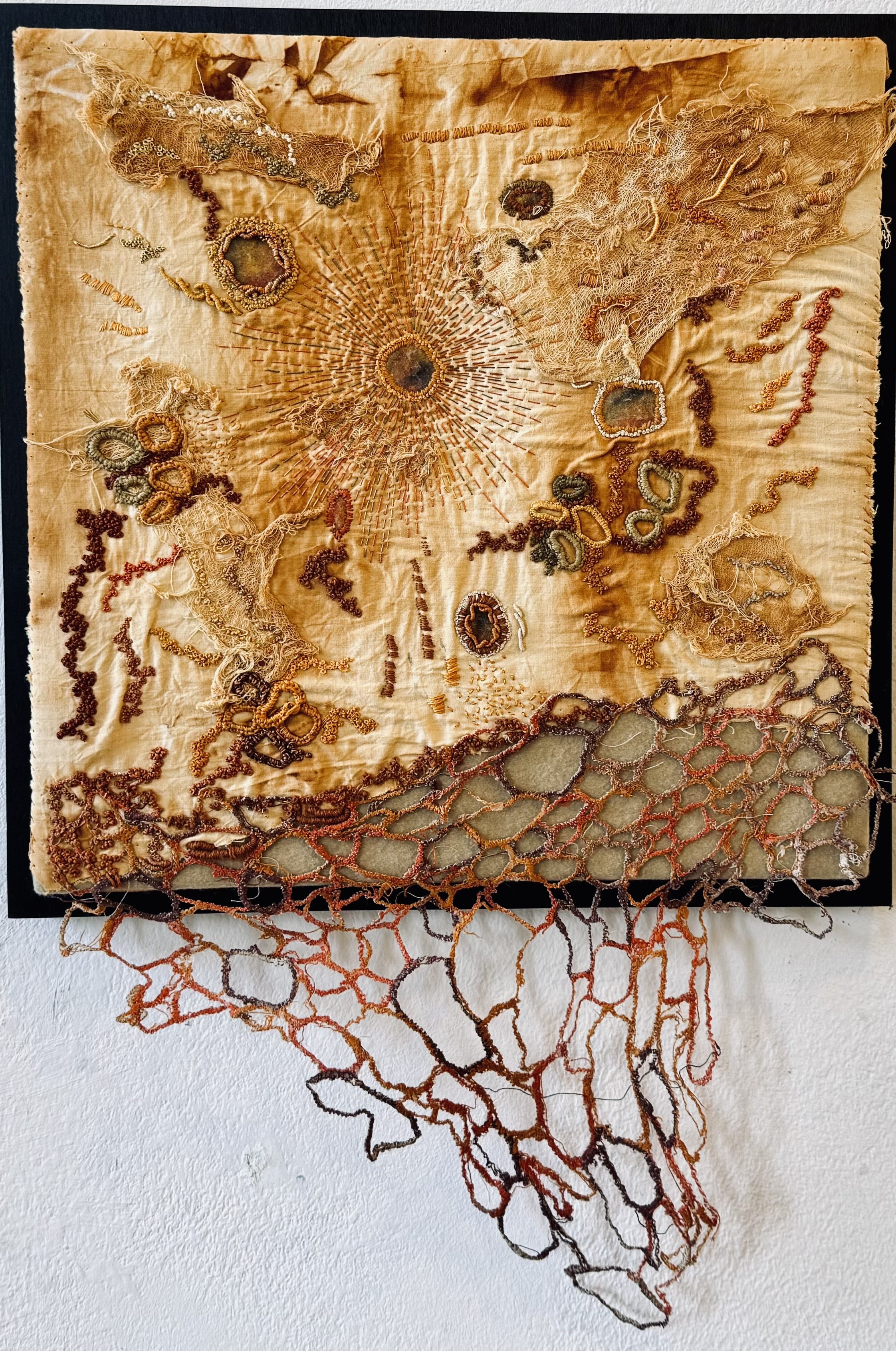 Rust - rust dyed fabric, wool, silk and free motion embroidery 