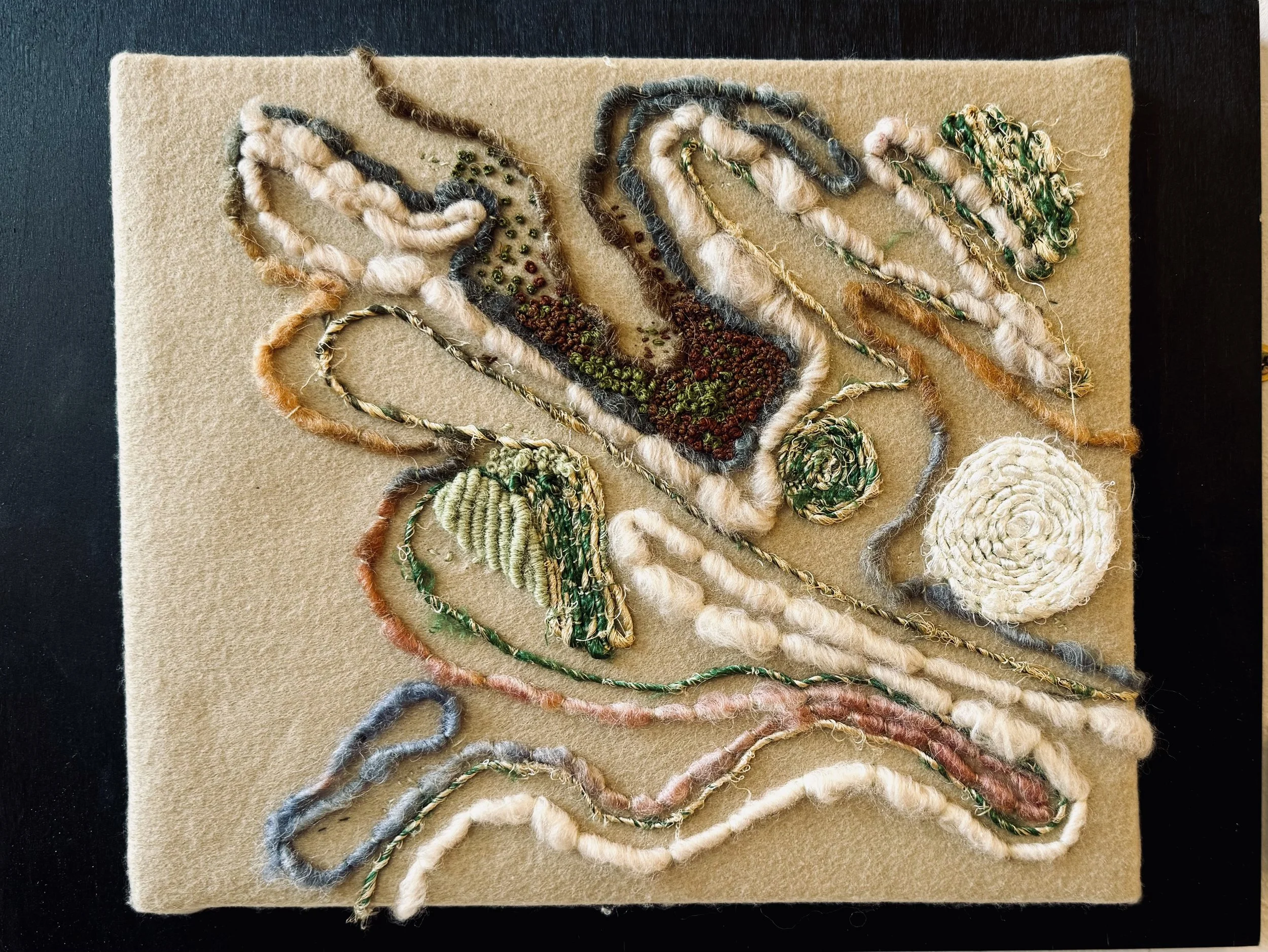 Shimmer on the Riverbed - hand embroidery, wool, silk & cotton.