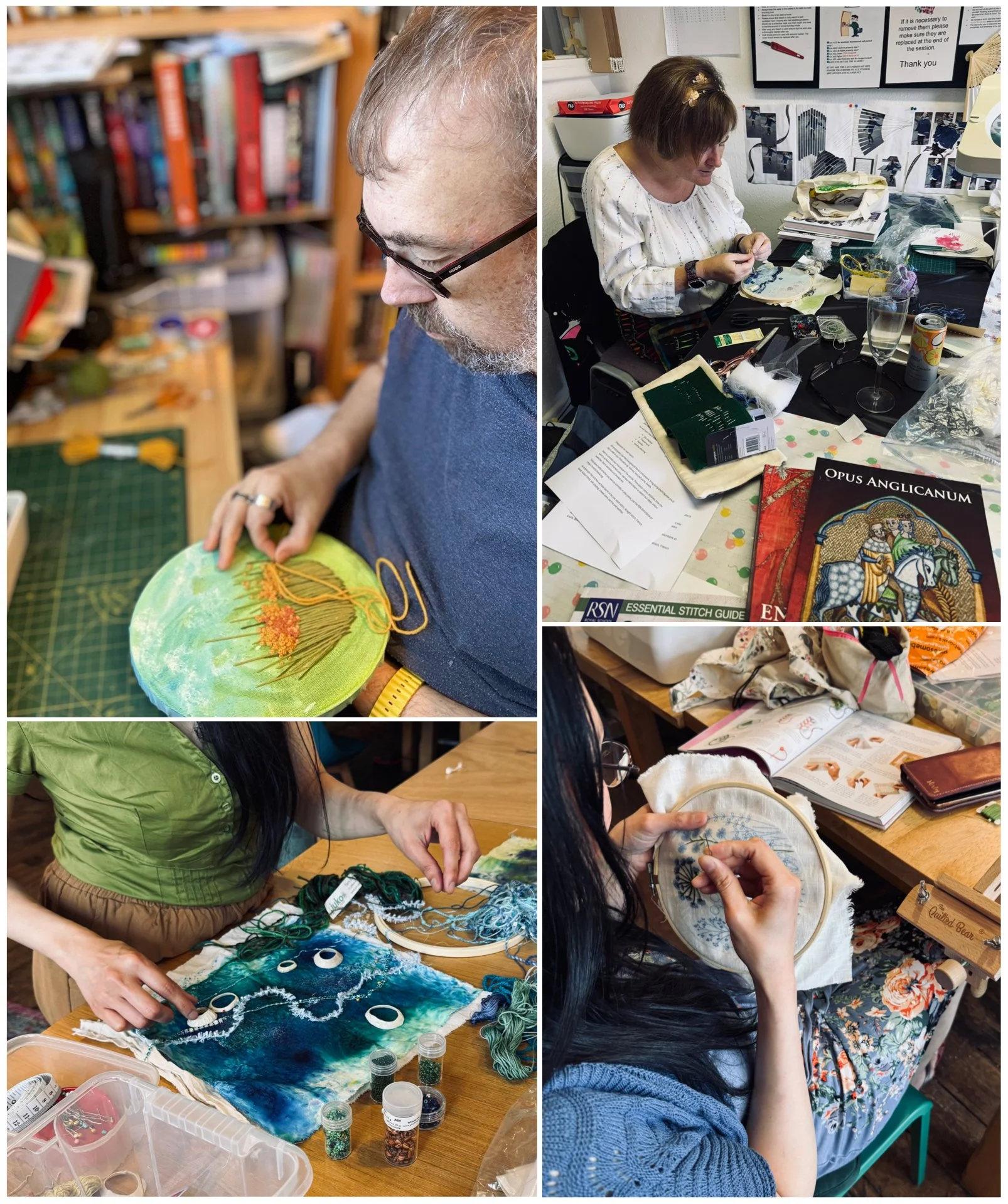 Four women engaged in different craft activities: one knitting or embroidering on a round piece, another working on a detailed embroidery project, a third creating jewelry or embellishments with beads and fabrics, and the fourth sewing or embroidery on fabric using an embroidery hoop, all surrounded by craft supplies and instructional materials.