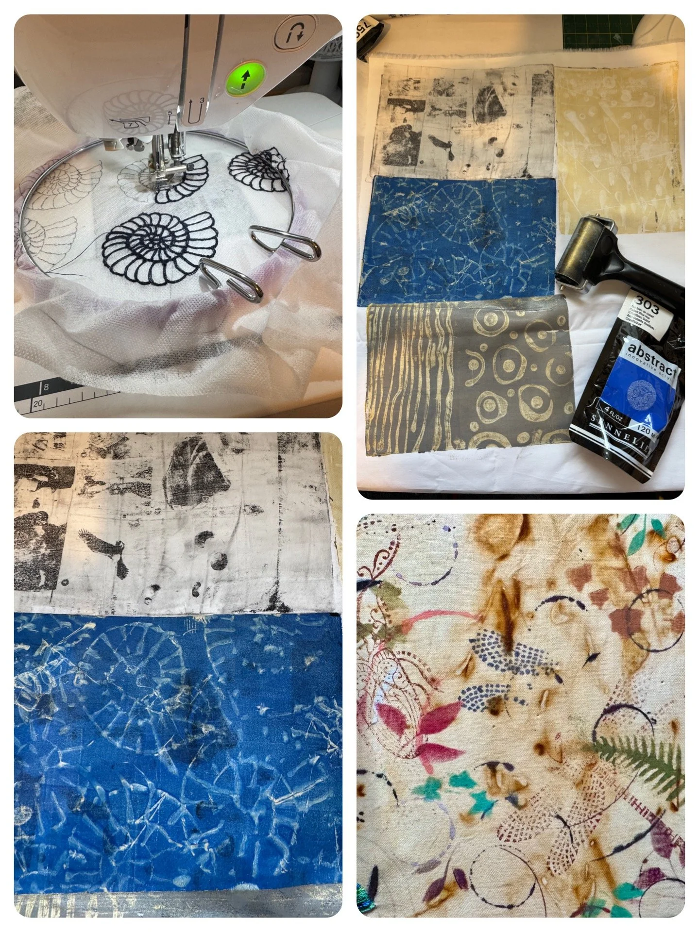 Collage of four images showing fabric printing and design process; sewing machine with embroidered fabric, patterned papers or fabrics, burnished or distressed fabric, and perforated fabric with floral print.