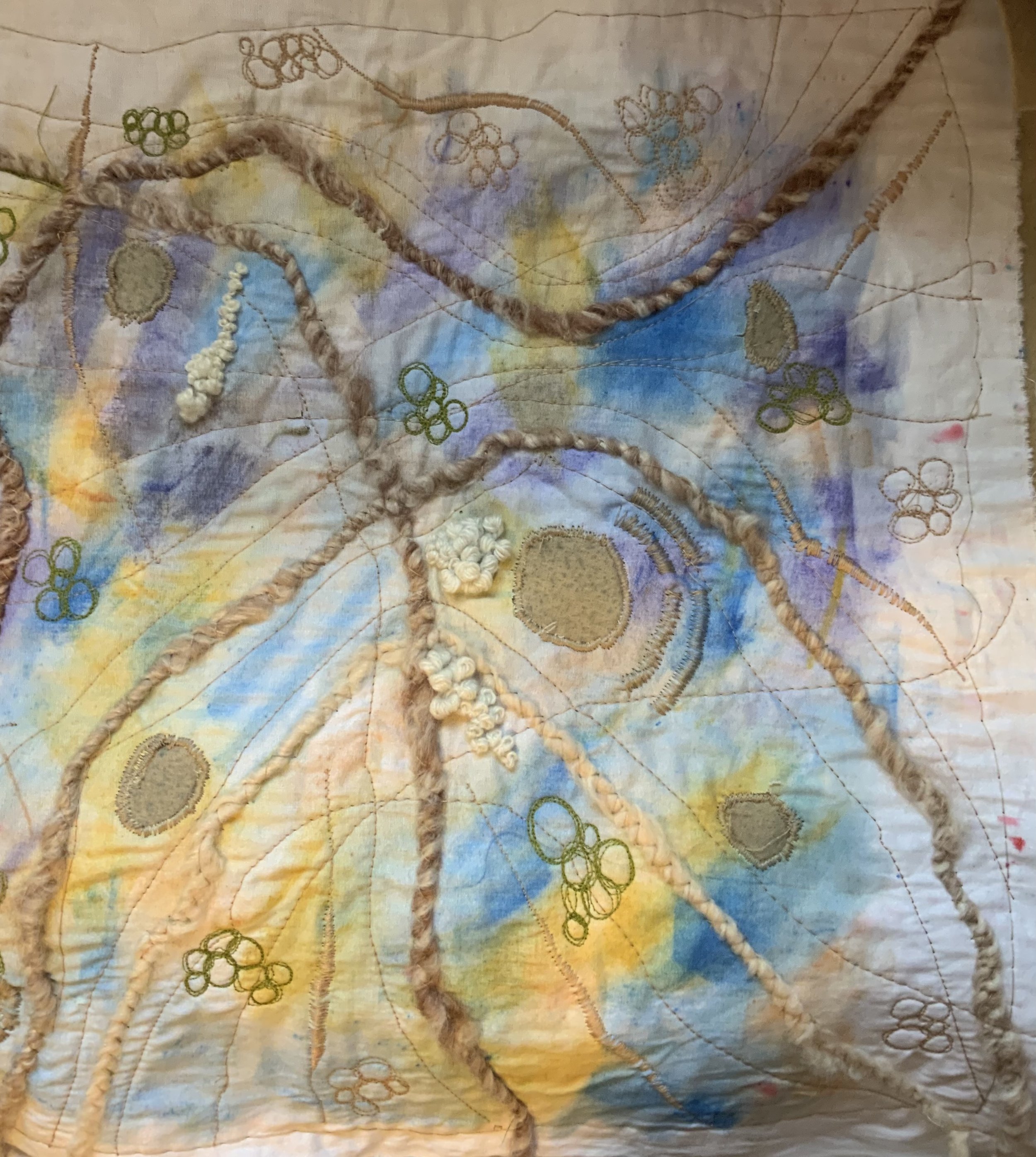 What the Water Leaves Behind - hand painted fabric with wool and free motion embroidery 