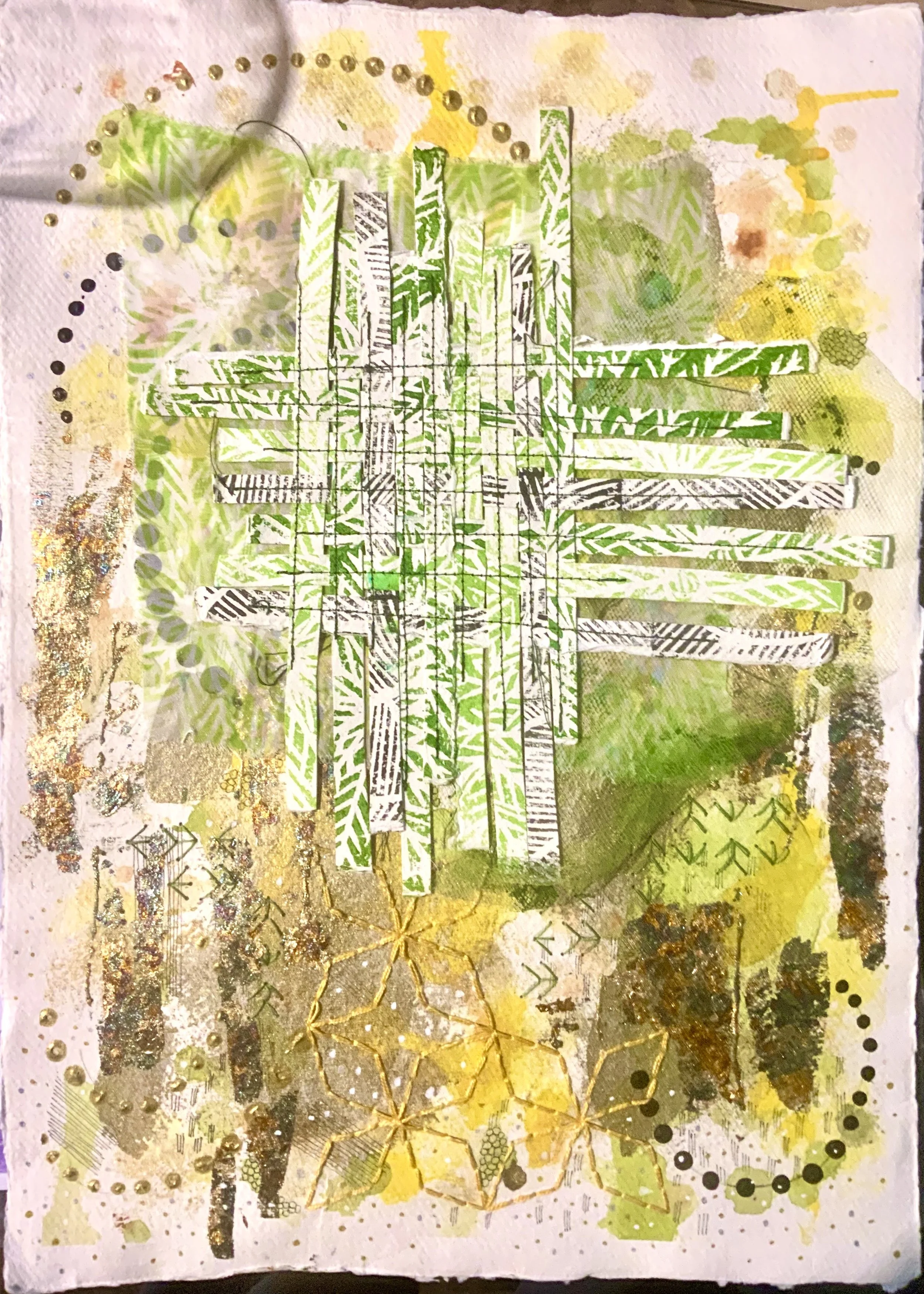 Woven - mixed media, cotton rag paper, paint and hand stitch. 
