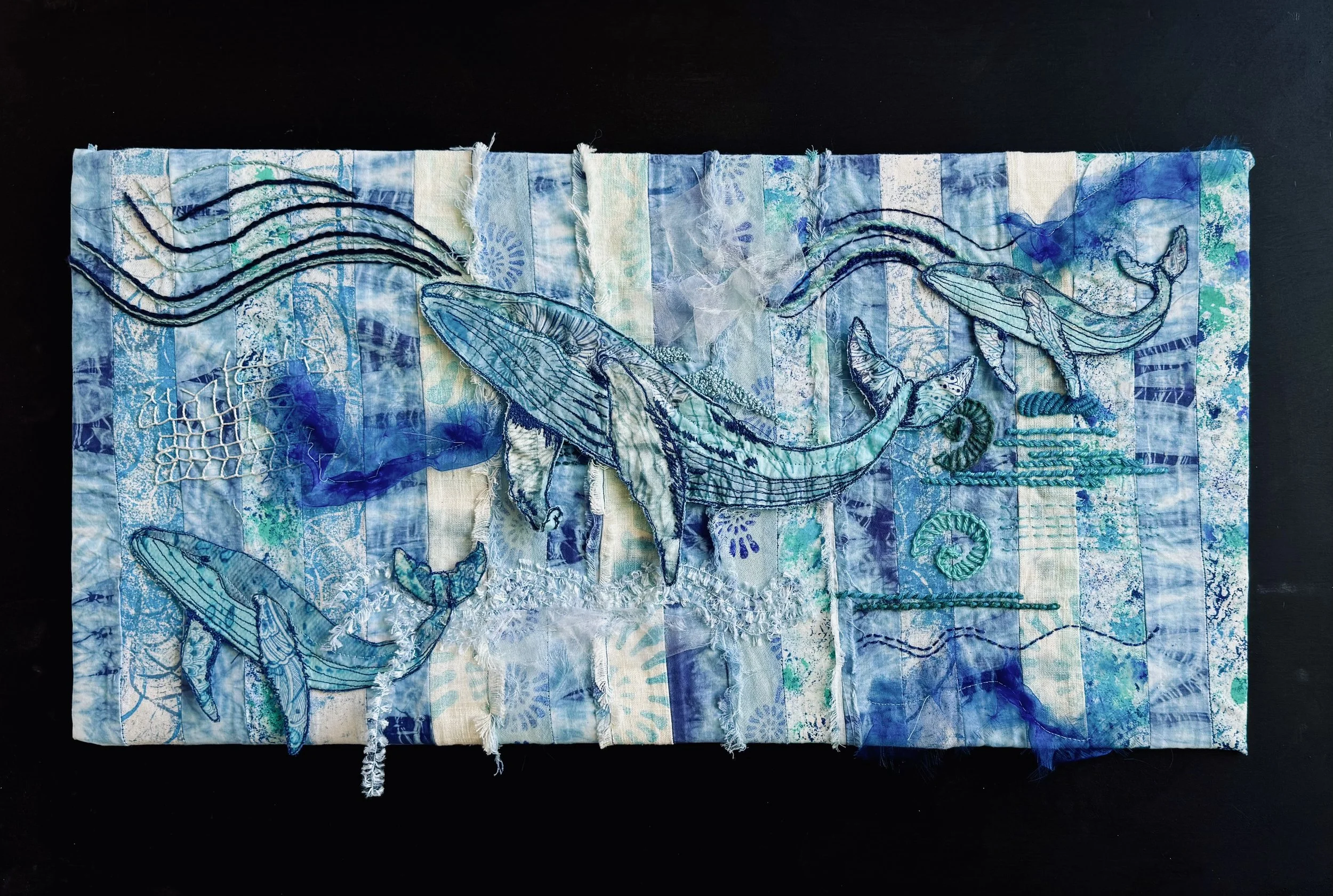 Where the Whales Wander - hand printed fabric, hand & machine stitch
