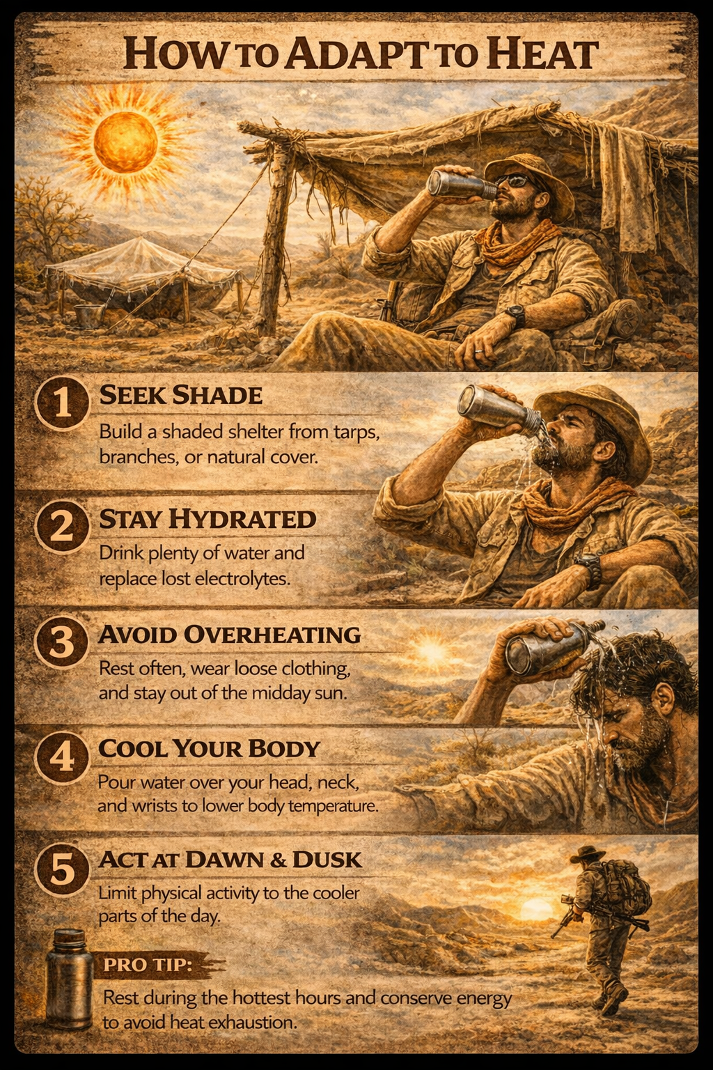 Step-by-step heat survival guide showing how to seek shade, stay hydrated, cool the body, and adjust activity in extreme desert heat.