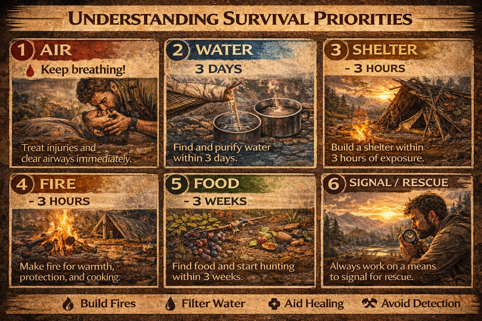Step by step guide showing core survival priorities including air water shelter fire food and rescue signaling
