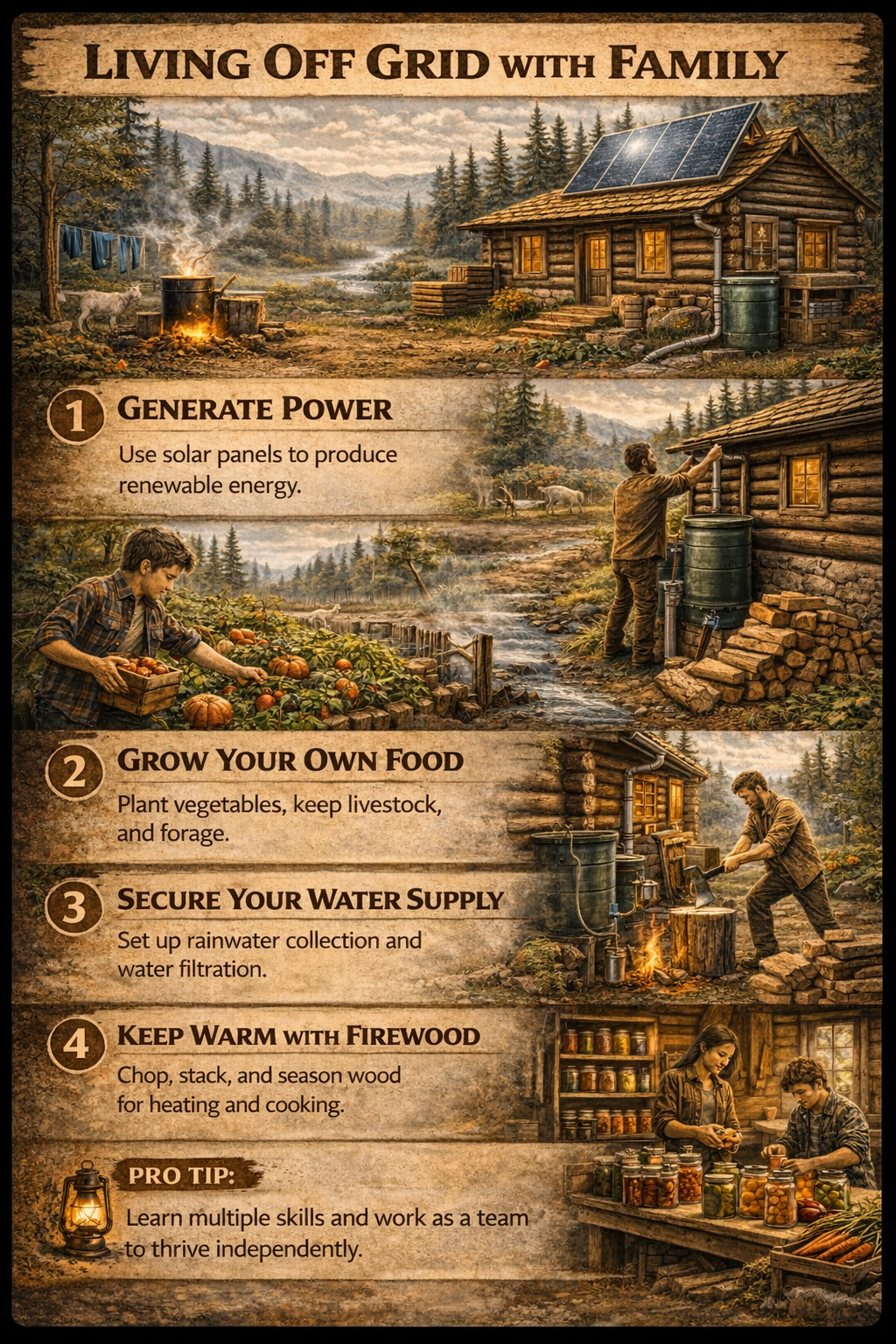Step-by-step off-grid family survival guide showing solar power setup, food growing, water collection, firewood preparation, and food preservation at a remote cabin.