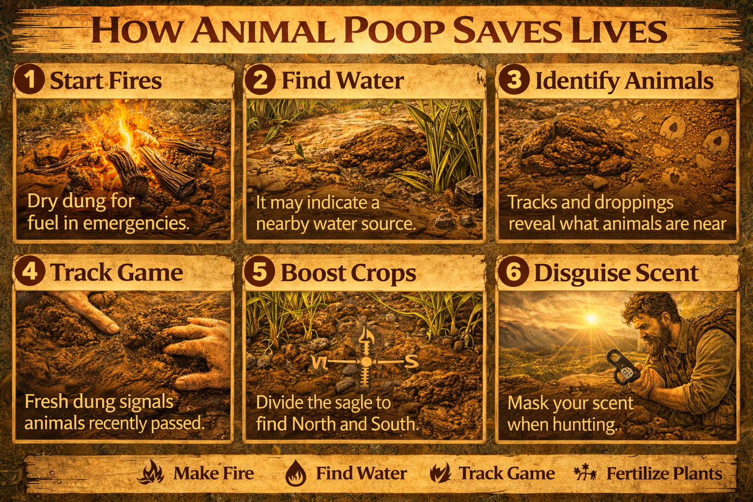 Step by step guide showing survival uses of animal droppings for tracking fuel and environmental clues