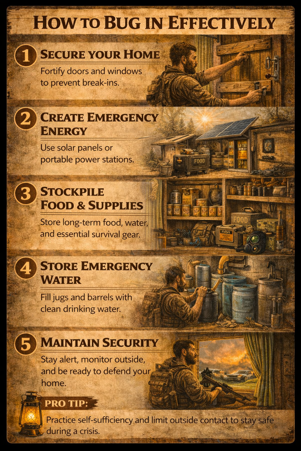 Step-by-step bug-in survival guide showing home defense preparation, supply organization, shelter security, monitoring threats, and maintaining resources during a crisis.