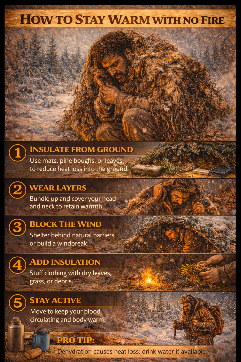Step-by-step cold survival guide showing how to insulate the body, block wind, use natural cover, preserve body heat, and stay warm without relying on fire.