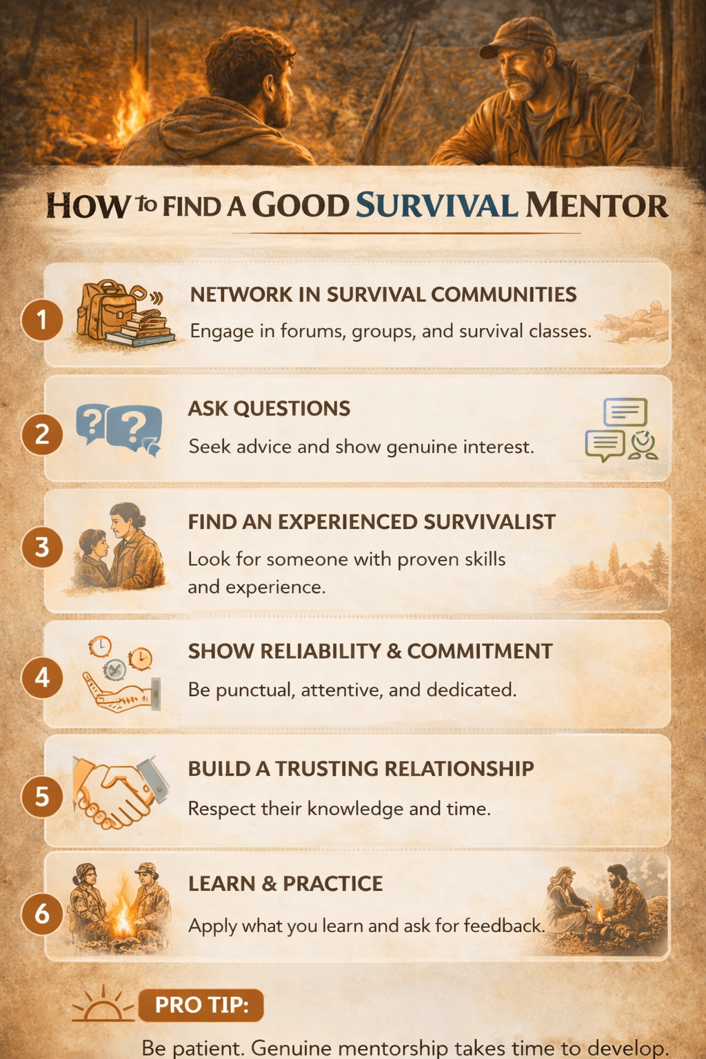 Step-by-step survival guide showing how to find a good survival mentor through networking, asking questions, building trust, and learning skills through hands-on mentorship outdoors.