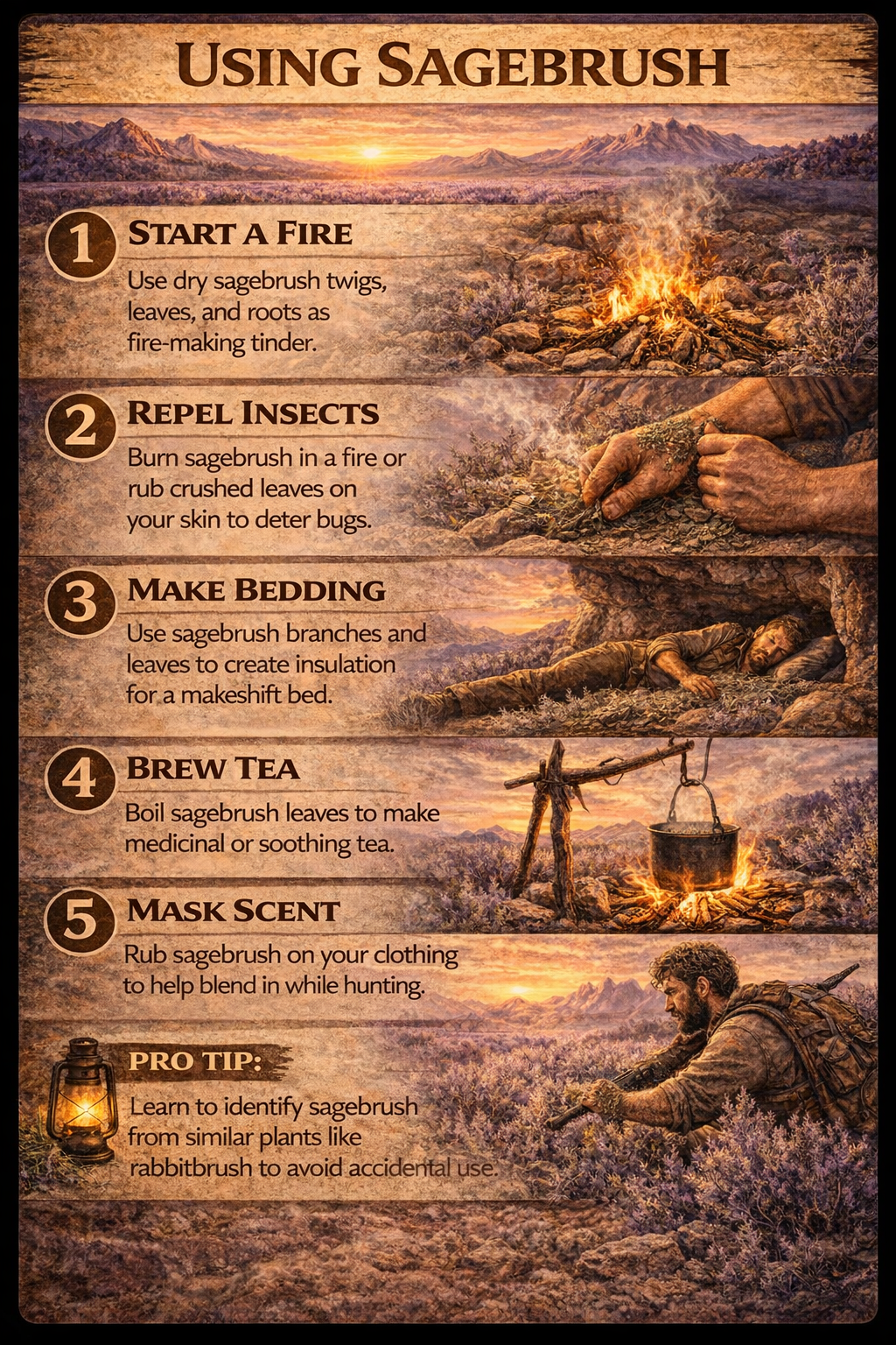 Step-by-step survival guide showing practical uses of sagebrush for fire starting, insect repellent, bedding, tea making, and scent masking in the wild.