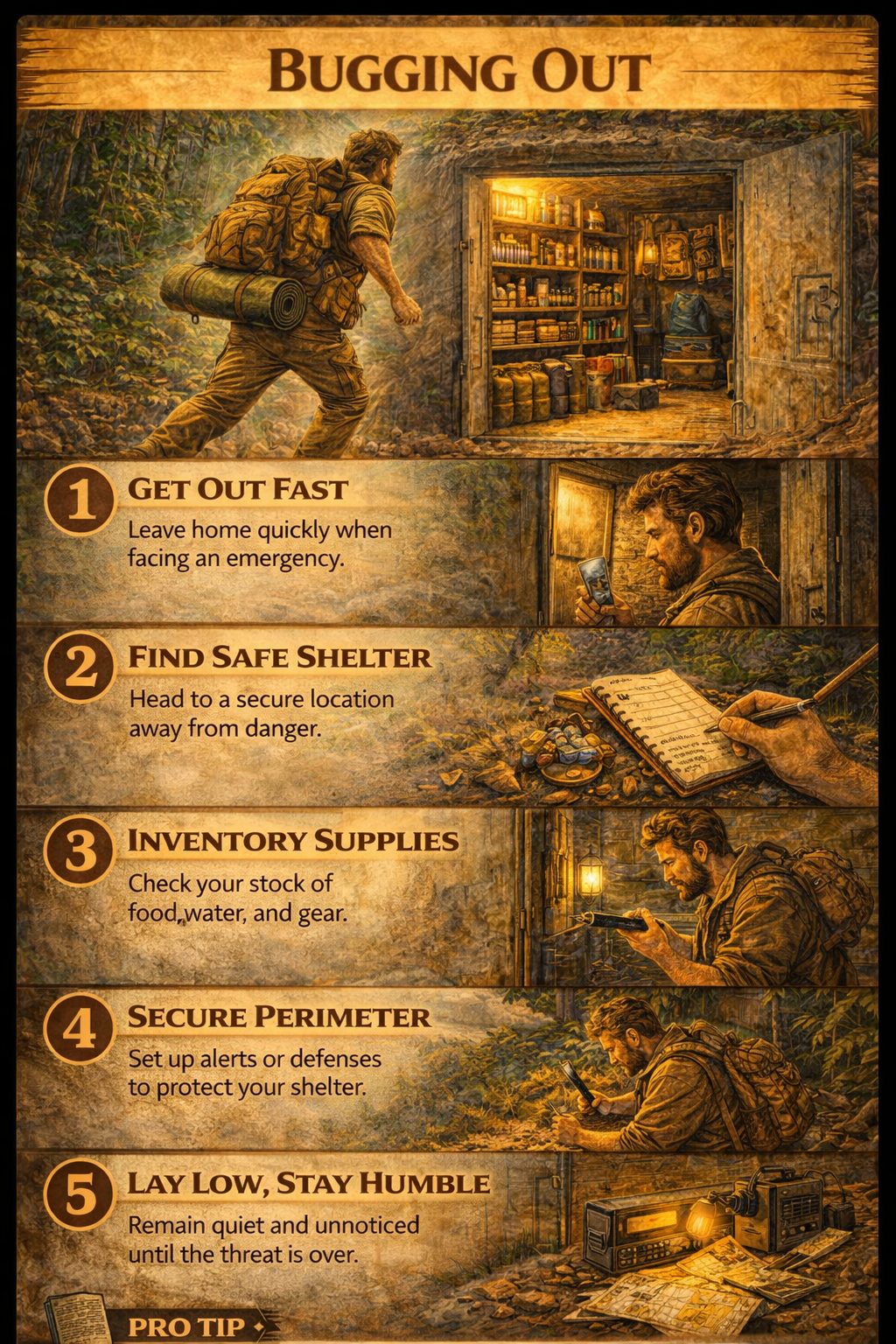Step-by-step bug-out survival guide showing emergency departure planning, grabbing essential gear, leaving shelter quickly, and moving toward a prepared survival route.