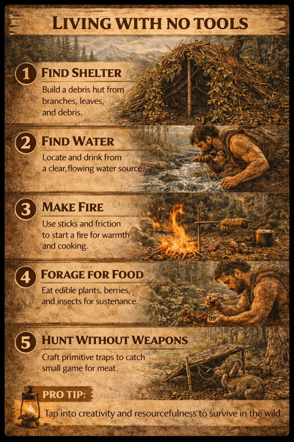 Step-by-step primitive survival guide showing how to live with no tools by building shelter, finding water, making fire, foraging food, and using natural materials for survival.