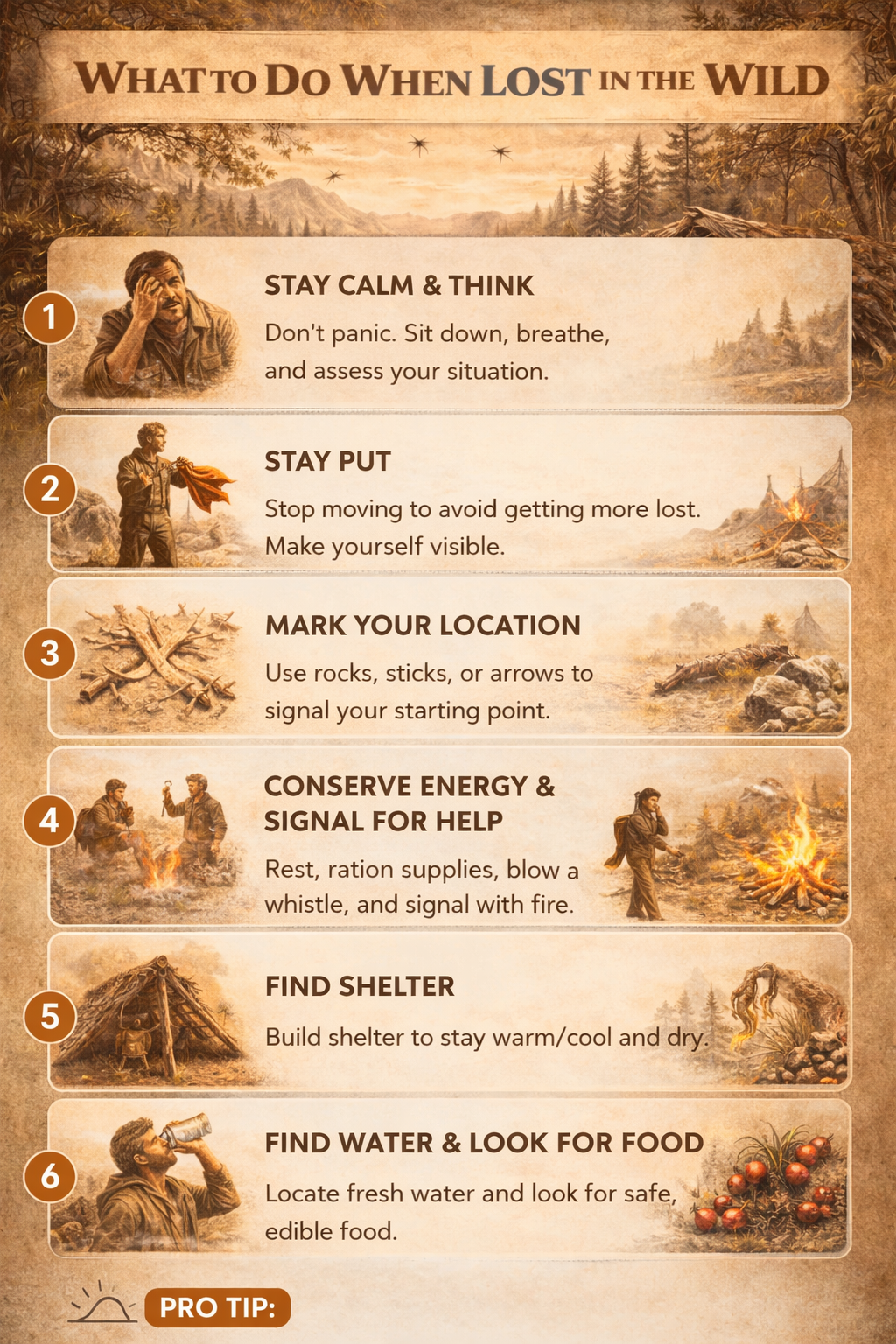 Step-by-step wilderness survival guide showing what to do when lost in the wild, including staying calm, marking location, building shelter, signaling for help, and finding water.