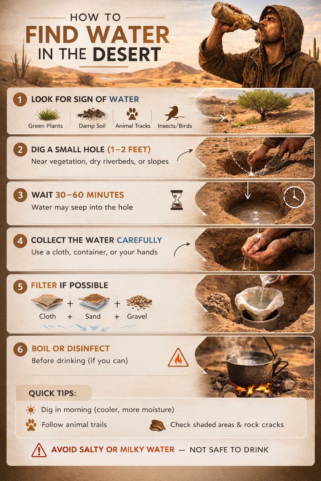 Step-by-step desert survival guide showing how to find water in the desert by locating vegetation, digging a hole, collecting seep water, filtering it, and disinfecting before drinking.