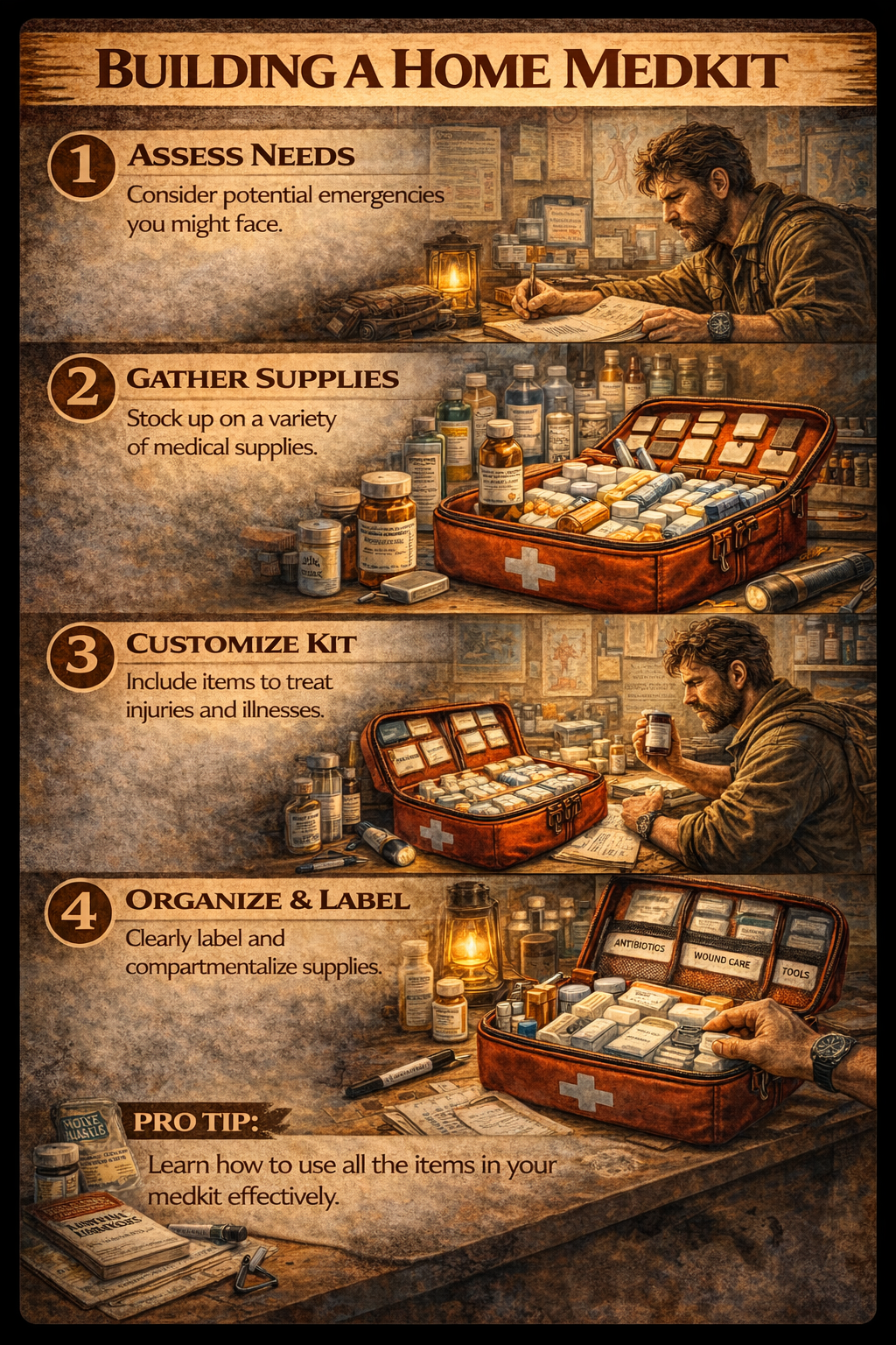 Step-by-step preparedness guide showing how to build a home medkit by selecting supplies, organizing medicines, labeling treatments, and preparing for emergencies.