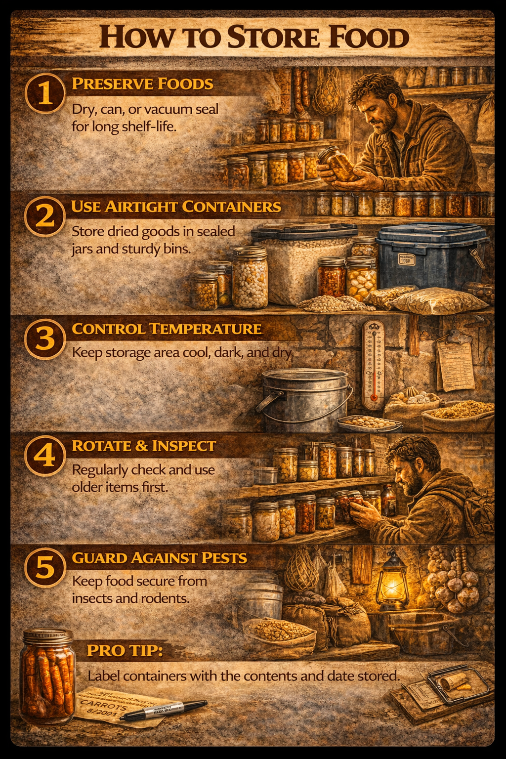 Step-by-step food storage guide showing how to preserve food, seal containers, organize shelf storage, rotate supplies, and protect long-term food reserves.