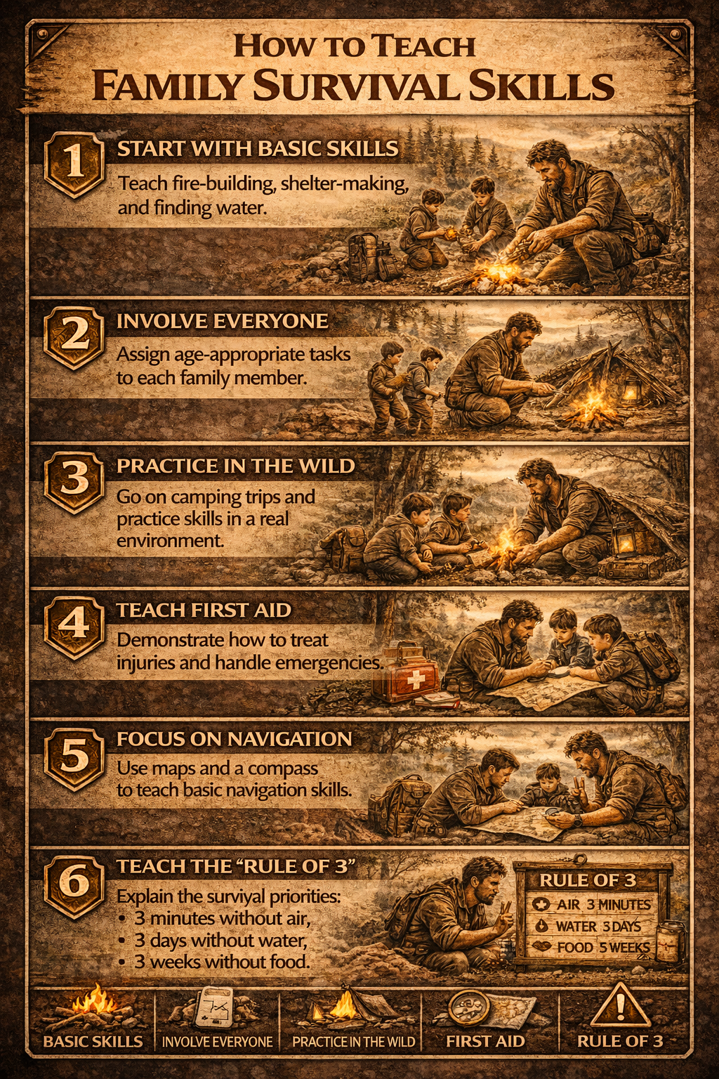 Vertical step by step guide showing how to teach family survival skills through fire building shelter first aid and navigation