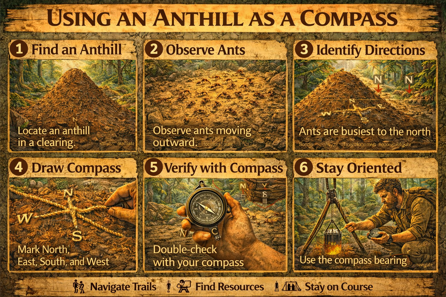 Step by step guide showing how to use an anthill as a compass to estimate direction in the forest