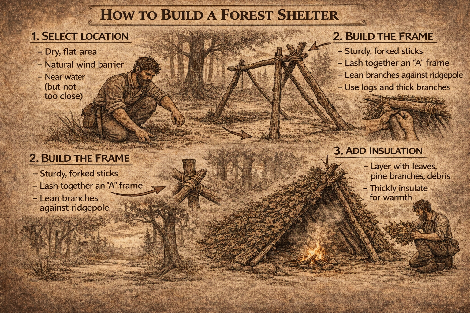 forest survival shelter built from branches