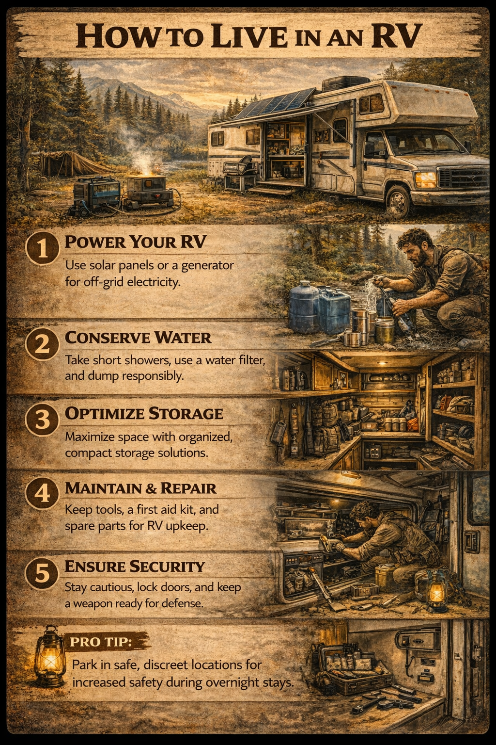 Step-by-step RV living guide showing mobile survival setup, storage organization, water management, cooking, and safe long-term living inside an RV.